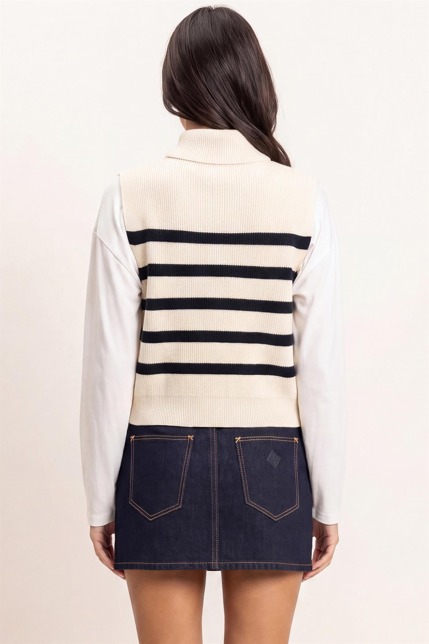 Wholesale Half-Zip Sleeveless Stripe Sweater Sweaters DZ26E951 CREAM DOUBLE ZERO