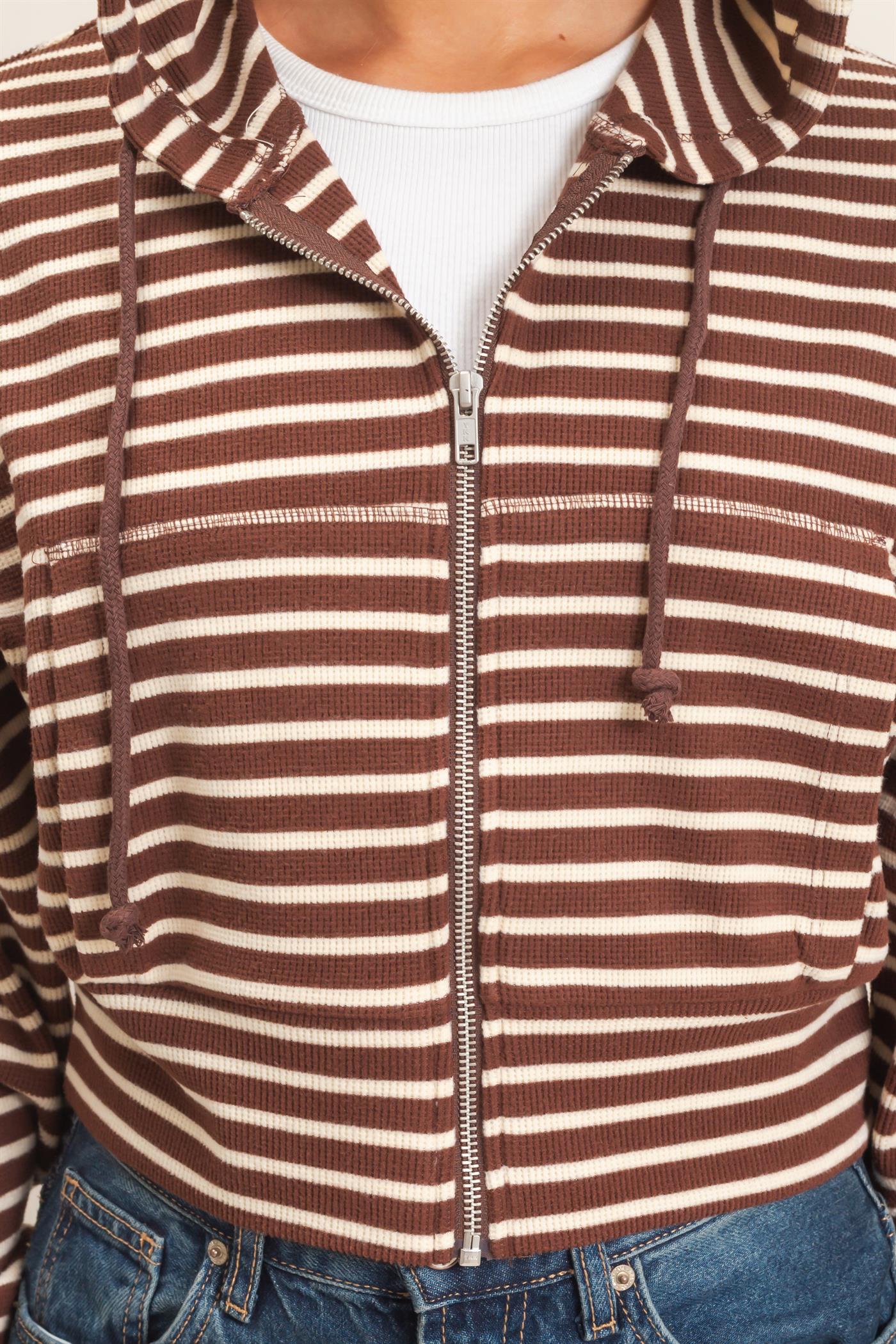 Wholesale Striped Zip-Up Hoodie Hoodies DZ26E433 DARK BROWN DOUBLE ZERO