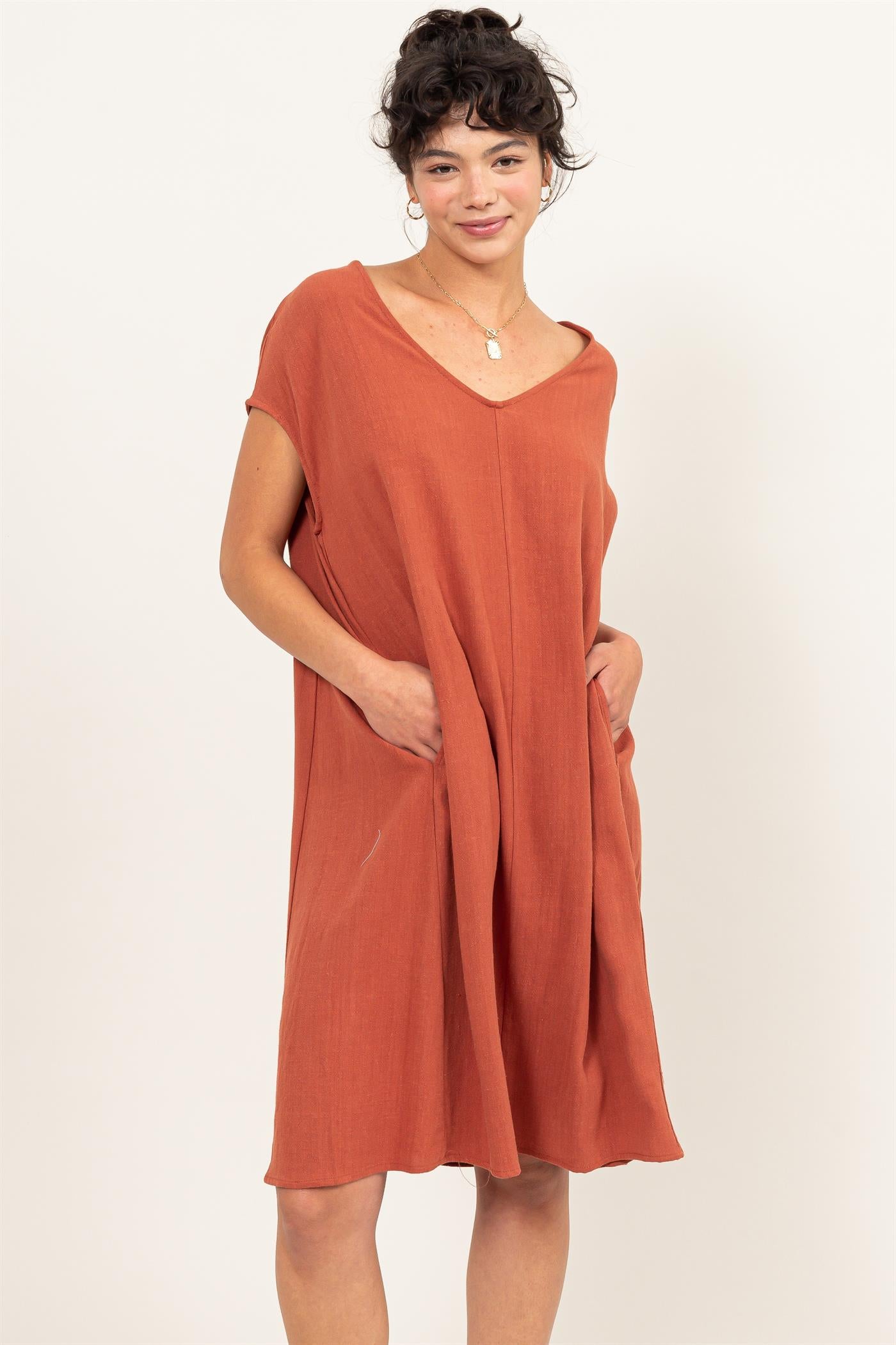 Wholesale V-Neck Oversized Linen Midi Dress Dresses DZ23E033-D BAKED CLAY DOUBLE ZERO