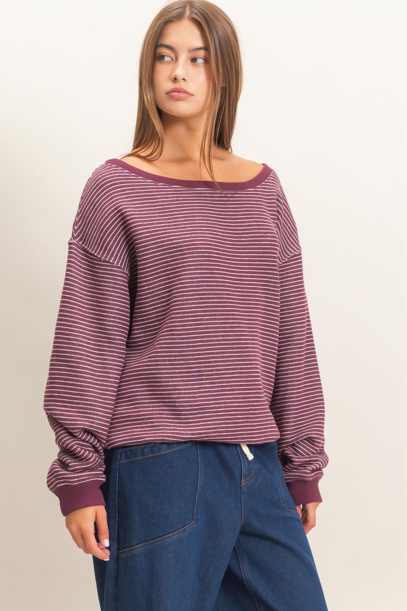 Wholesale Striped Off The Shoulder Sweatshirt Sweatshirts DZ26C881 DARK CHERRY DOUBLE ZERO