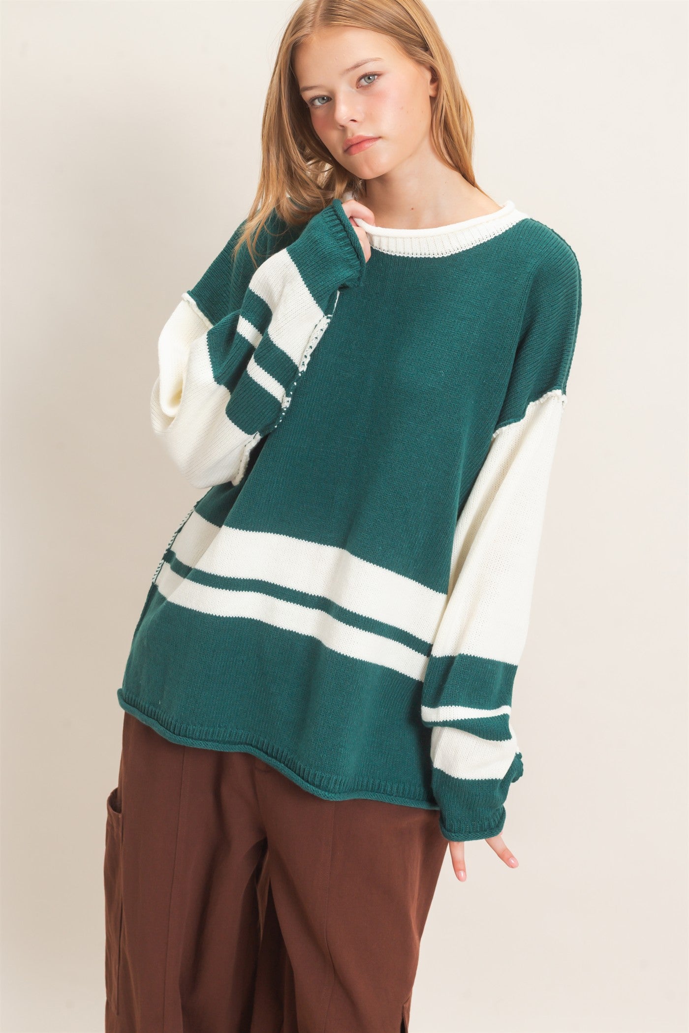 Wholesale Striped Crew Neck Sweater Sweaters HF26E793 TEAL GREEN HYFVE