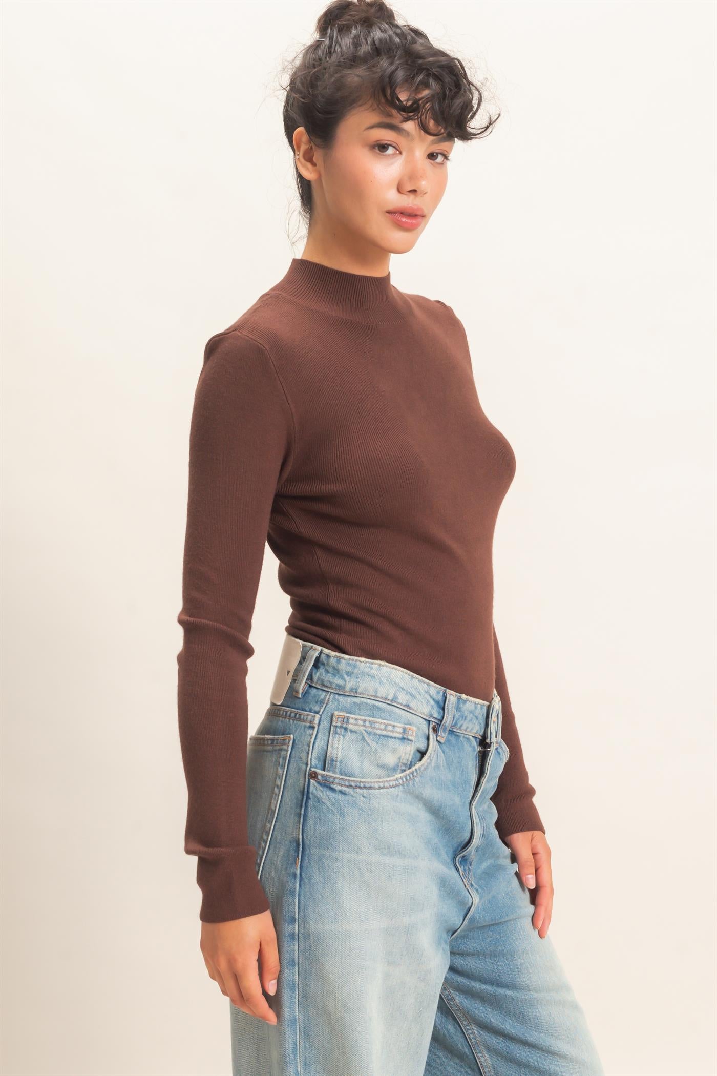 Wholesale Ribbed Mock Neck Long Sleeve Knit Top Clothing Tops DZ26F201 DARK BROWN DOUBLE ZERO