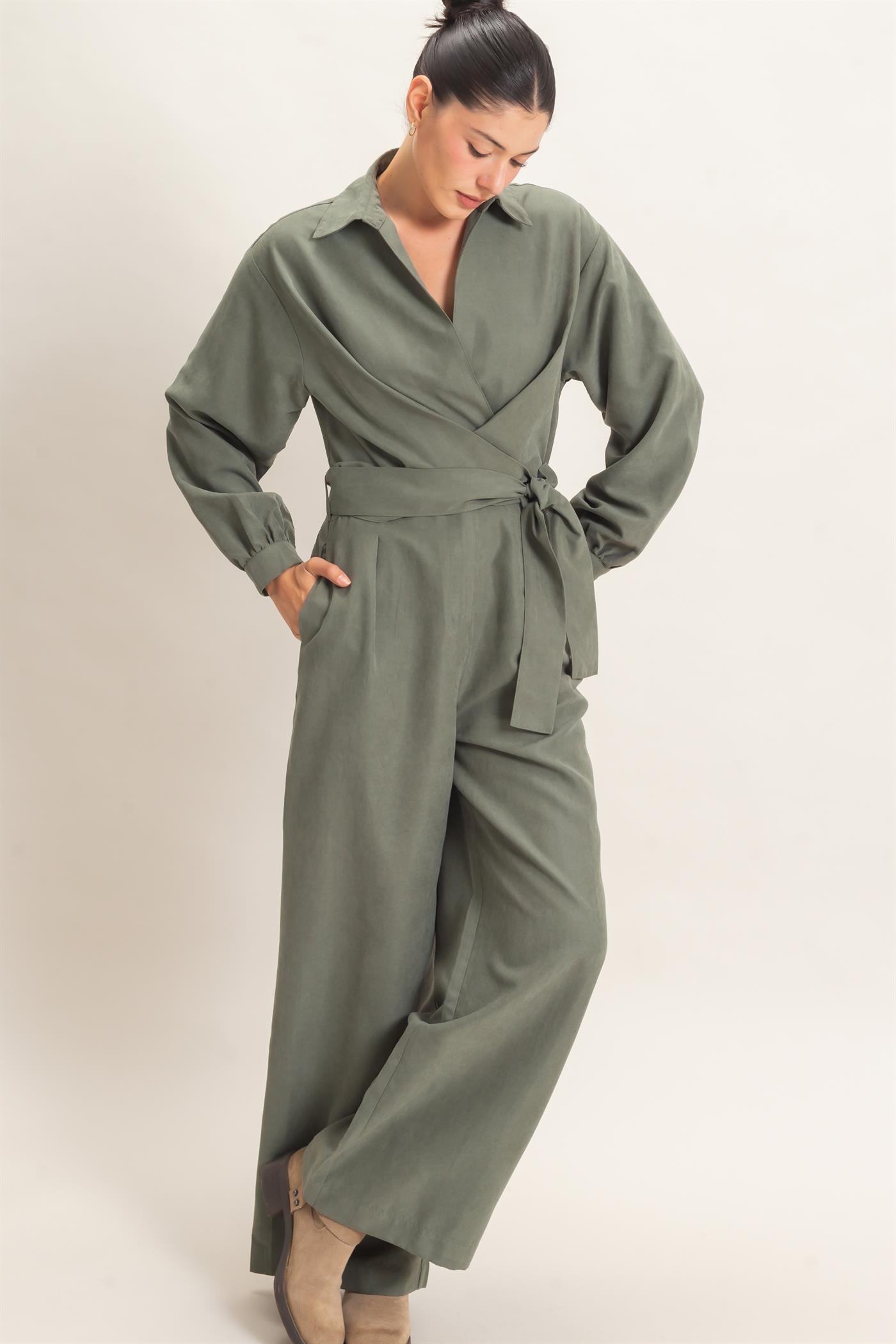 Wholesale Collared Wrap Suede Jumpsuit Clothing HF26C905 FOREST GREEN HYFVE