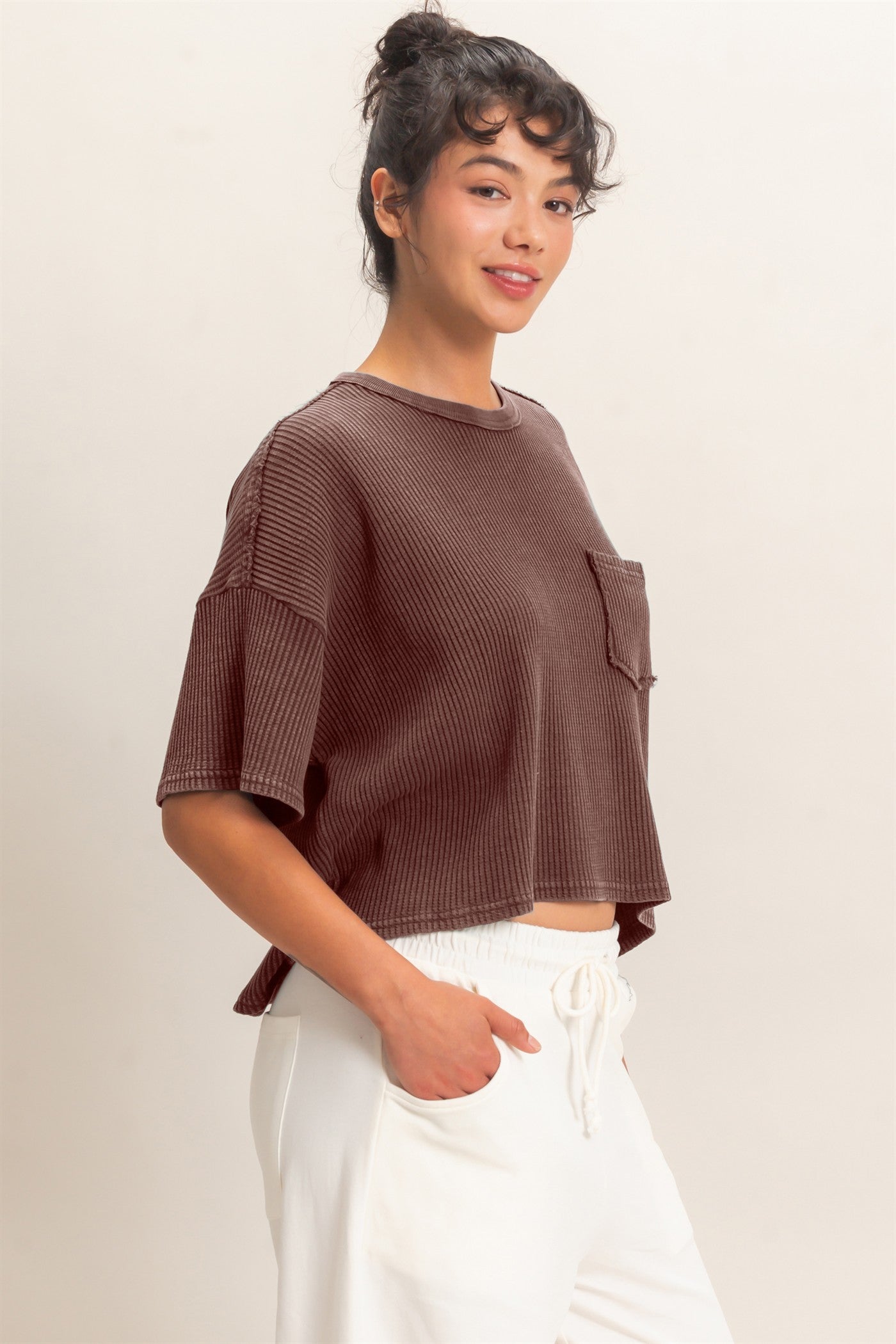 Wholesale Mineral Wash Waffle Knit Pocket Top Clothing Tops DZ26E222 DARK BROWN DOUBLE ZERO