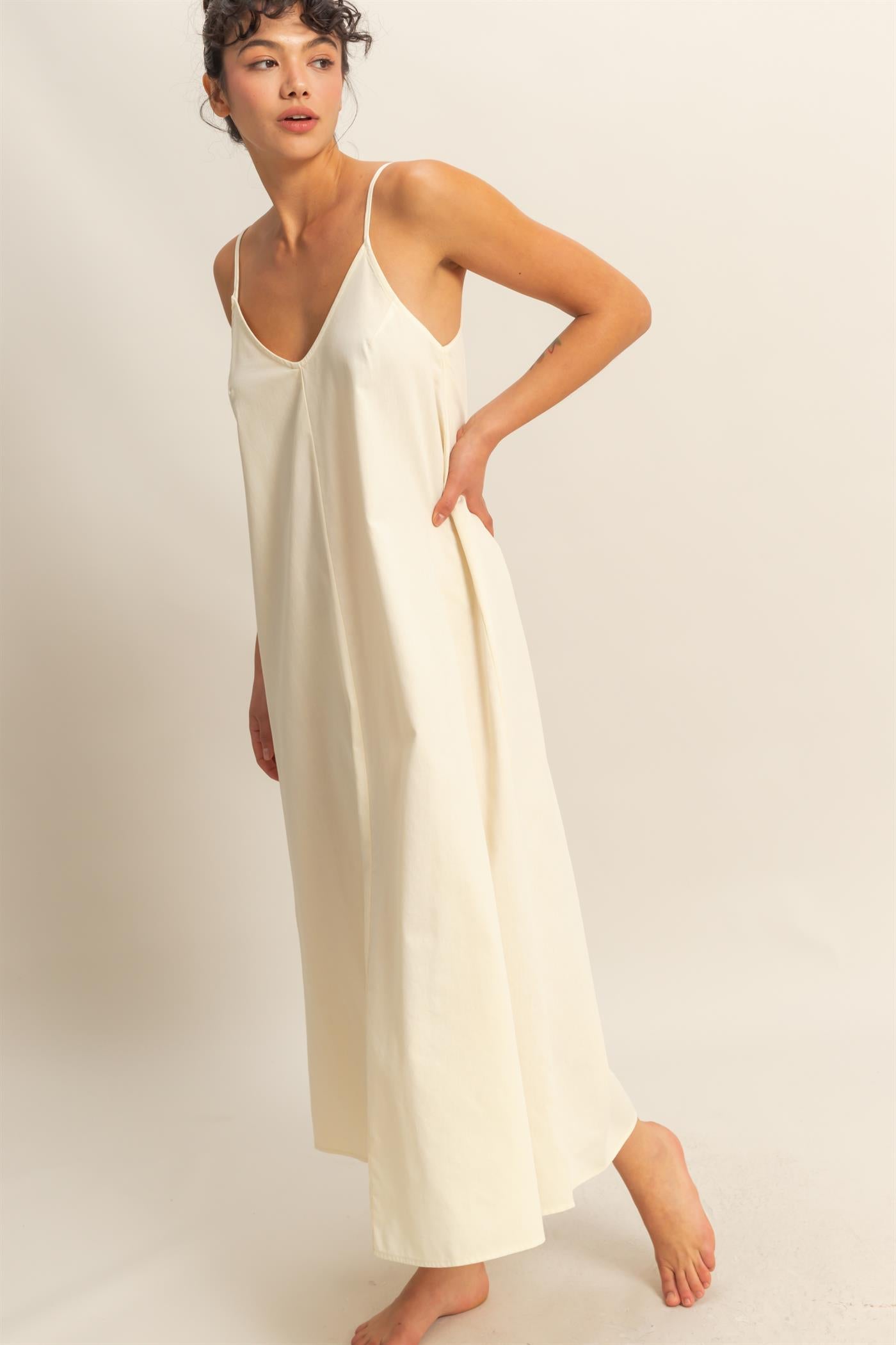 Wholesale Dyed V-Neck Loose Maxi Dress Dresses DZ24C964 CREAM DOUBLE ZERO