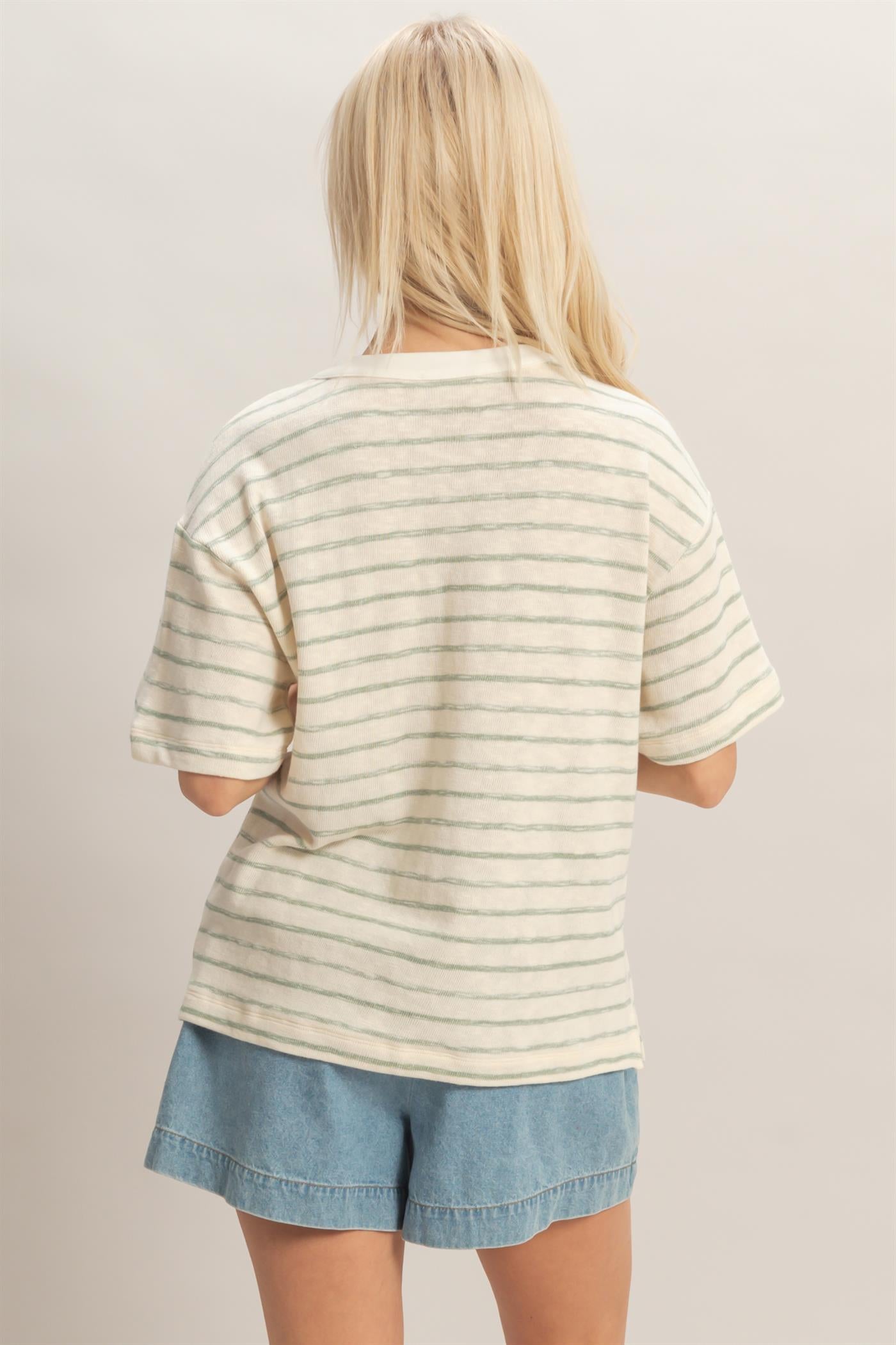 Wholesale Striped Short Sleeve Henley Top Clothing Tops DZ26A653 SAGE GREEN DOUBLE ZERO