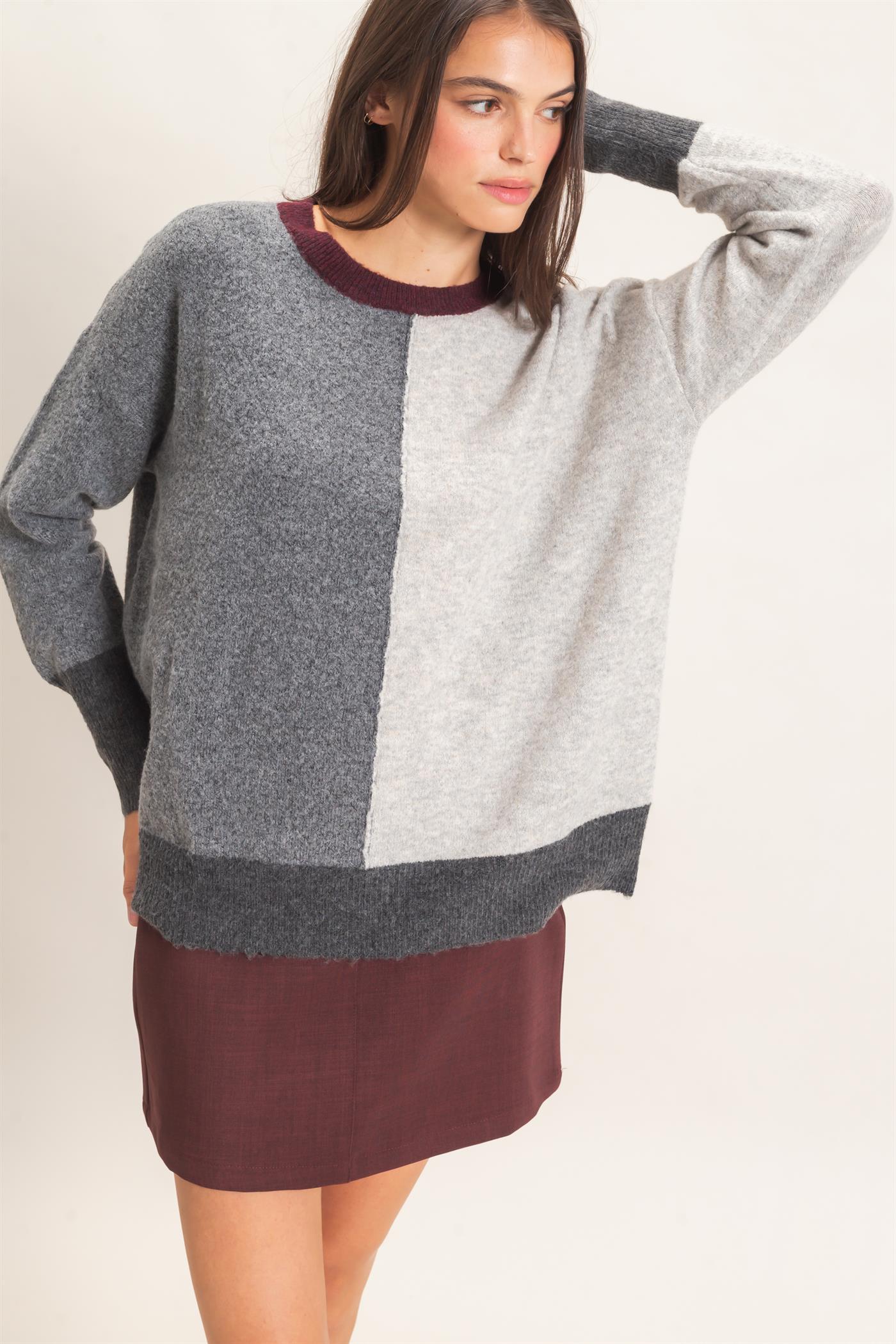 Wholesale Colorblock Crew Neck Sweater Sweaters HF26E151 CHARCOAL HYFVE