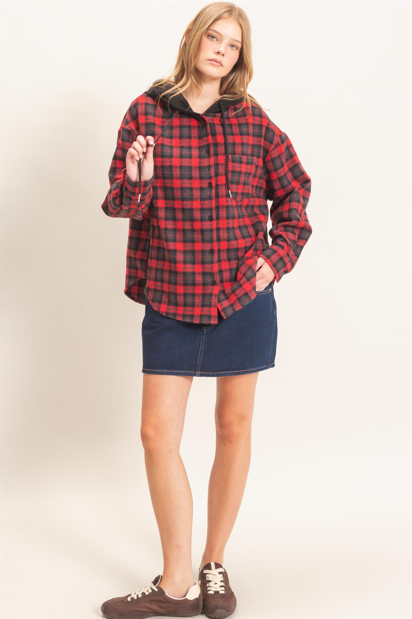Wholesale Hooded Plaid Button-Up Shirt Shirts HF26F018 RED HYFVE