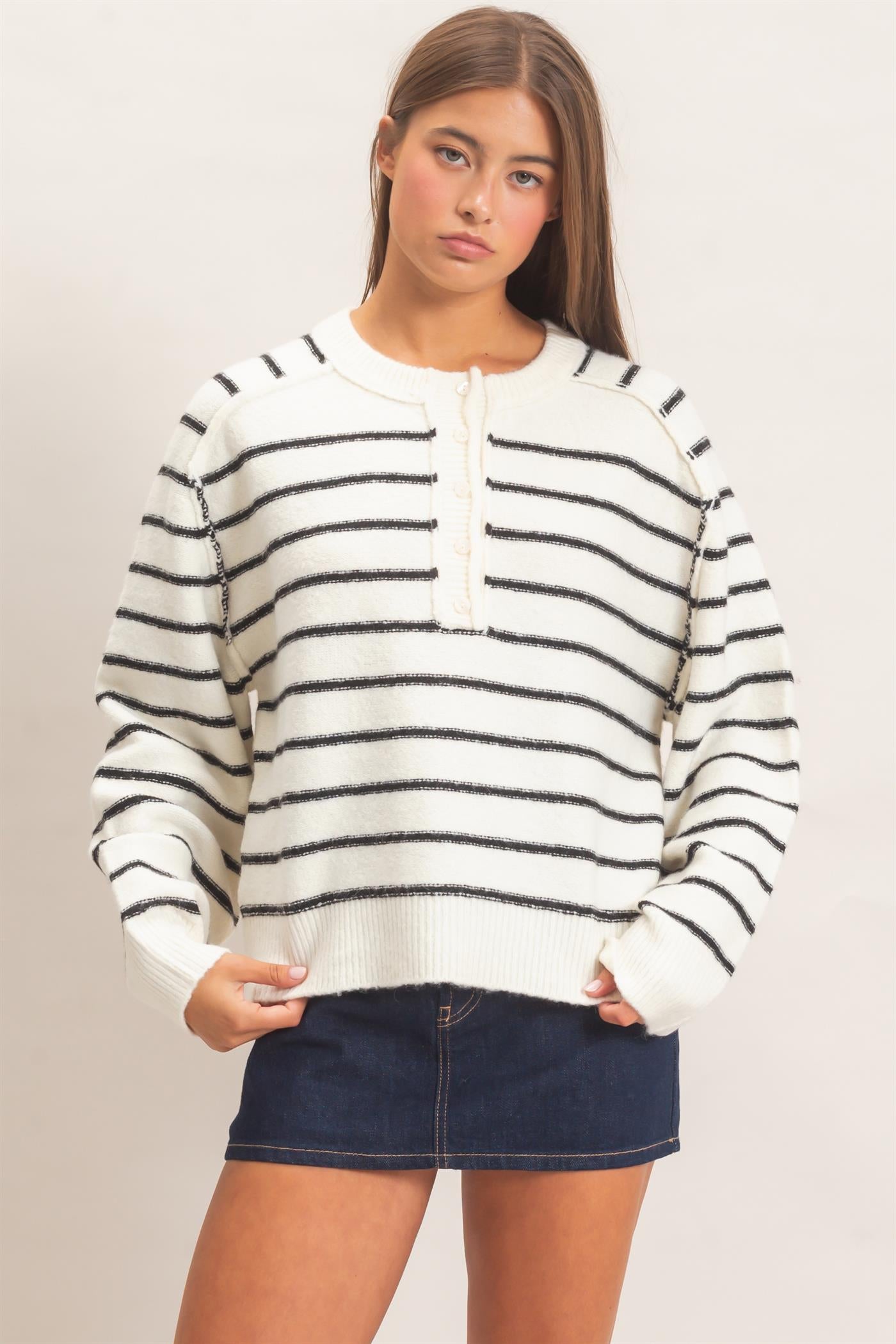 Wholesale Stripe Henley Sweater Sweaters DZ26F002 CREAM DOUBLE ZERO
