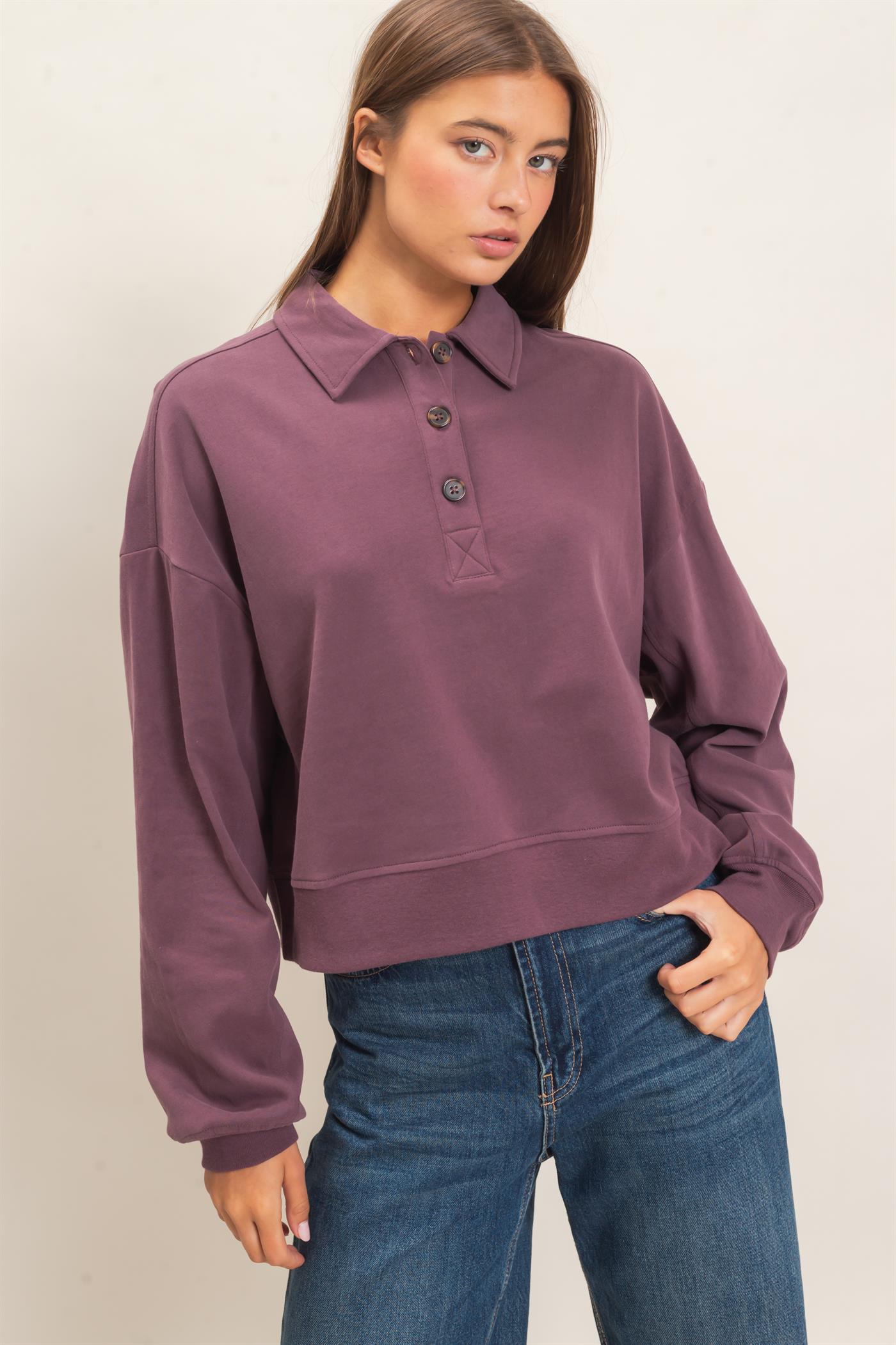 Wholesale Washed Button-Front Collared Sweatshirt Sweatshirts DZ26E390 COCOA DOUBLE ZERO