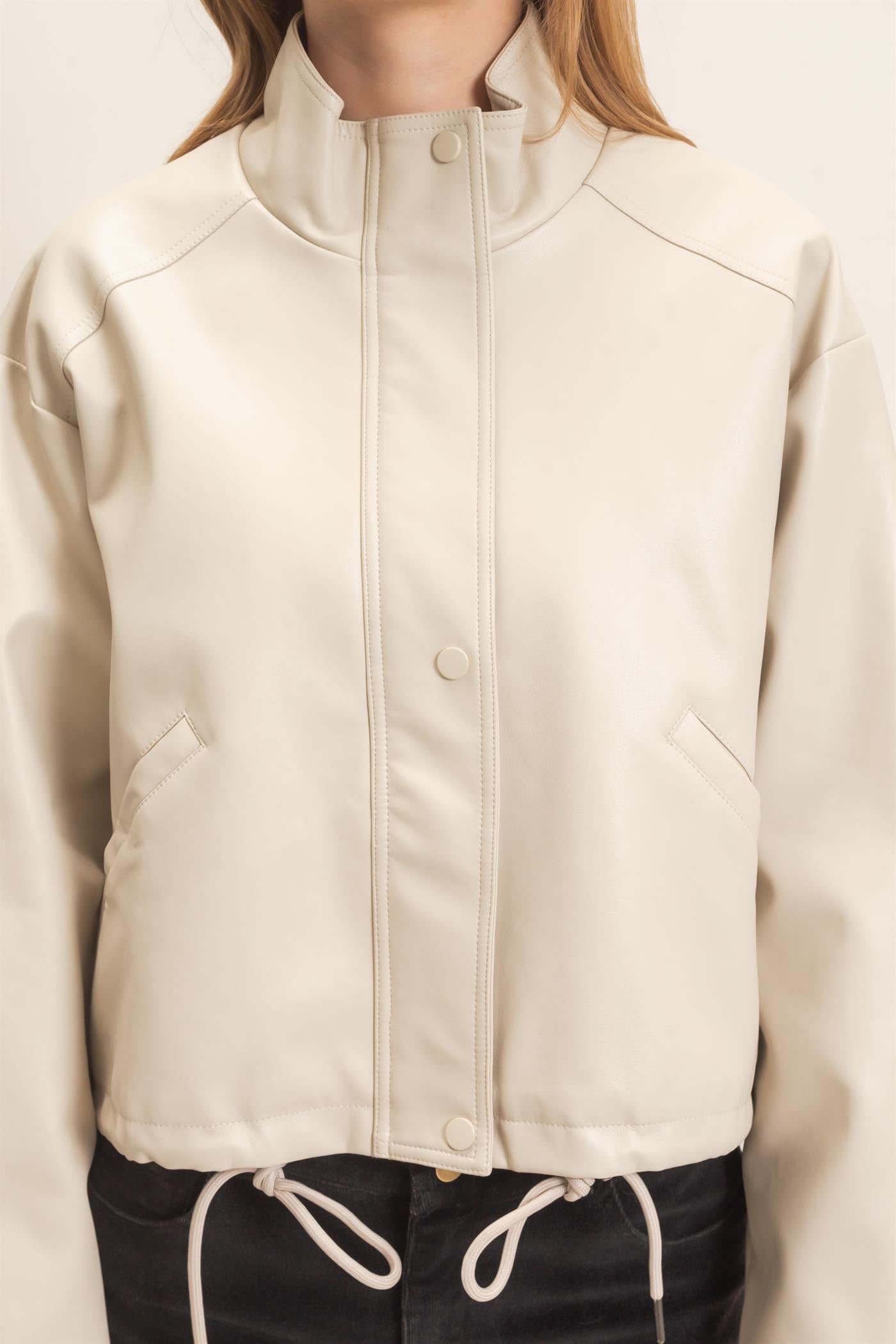 Wholesale Faux Leather Jacket With Stand Collar Bomber Jackets HF25F452 OATMEAL HYFVE