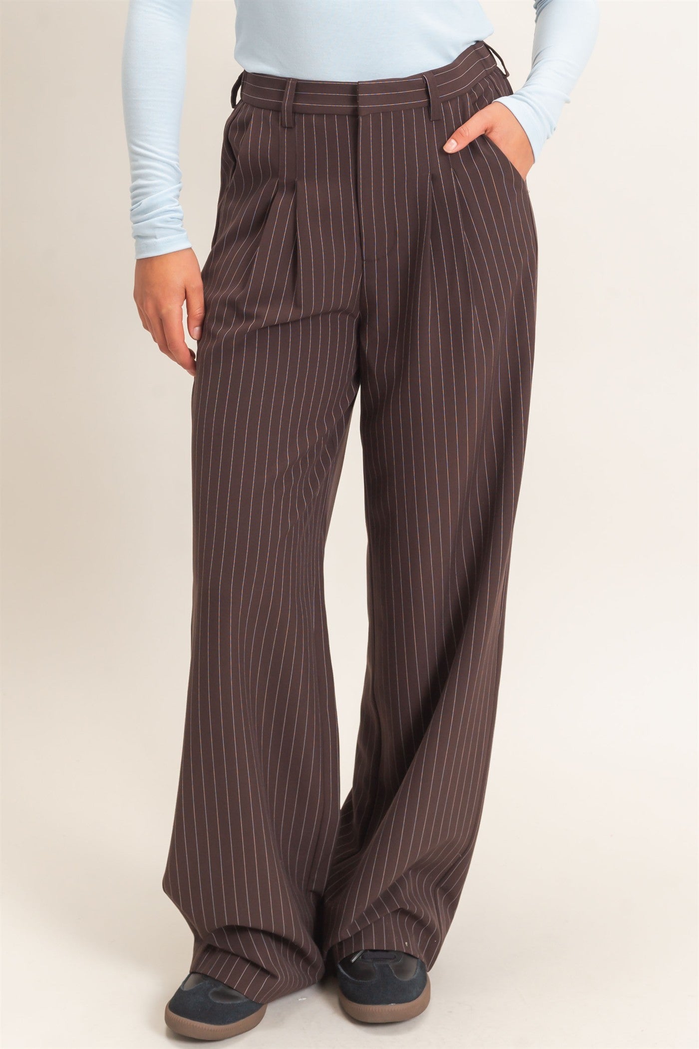 Wholesale Pinstripe Wide-Leg Trousers Pants DZ26E426 DARK BROWN DOUBLE ZERO