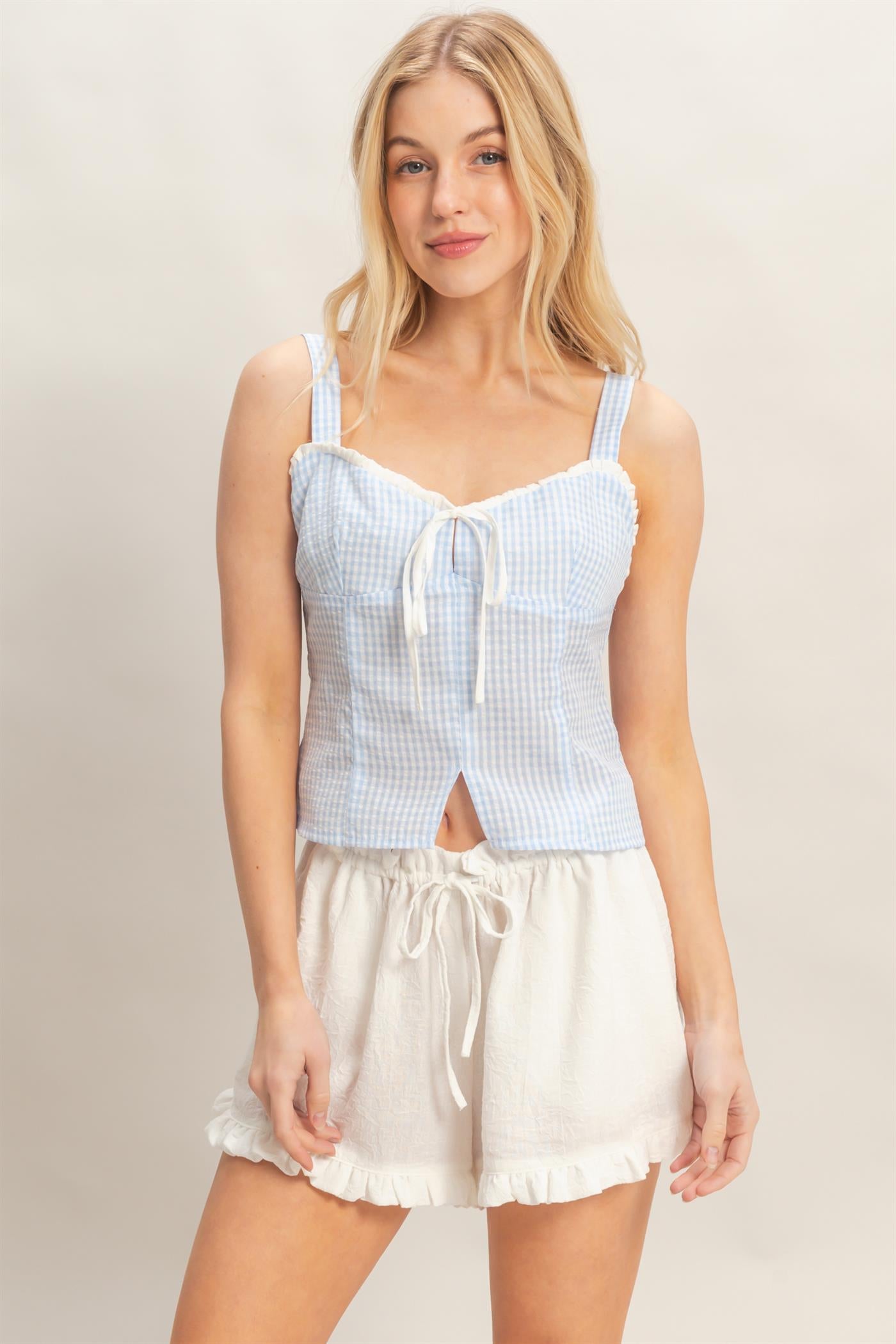 Wholesale Gingham Tie Front Tank Top Tank Tops HF26A013 L.BLUE HYFVE