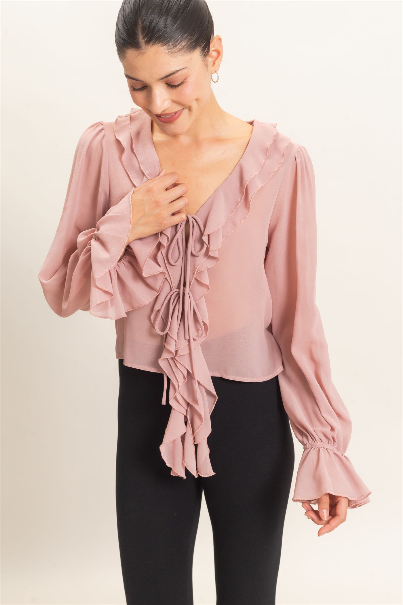 Wholesale Ruffled V-Neck Blouse Blouses HF26F066 MAUVE HYFVE