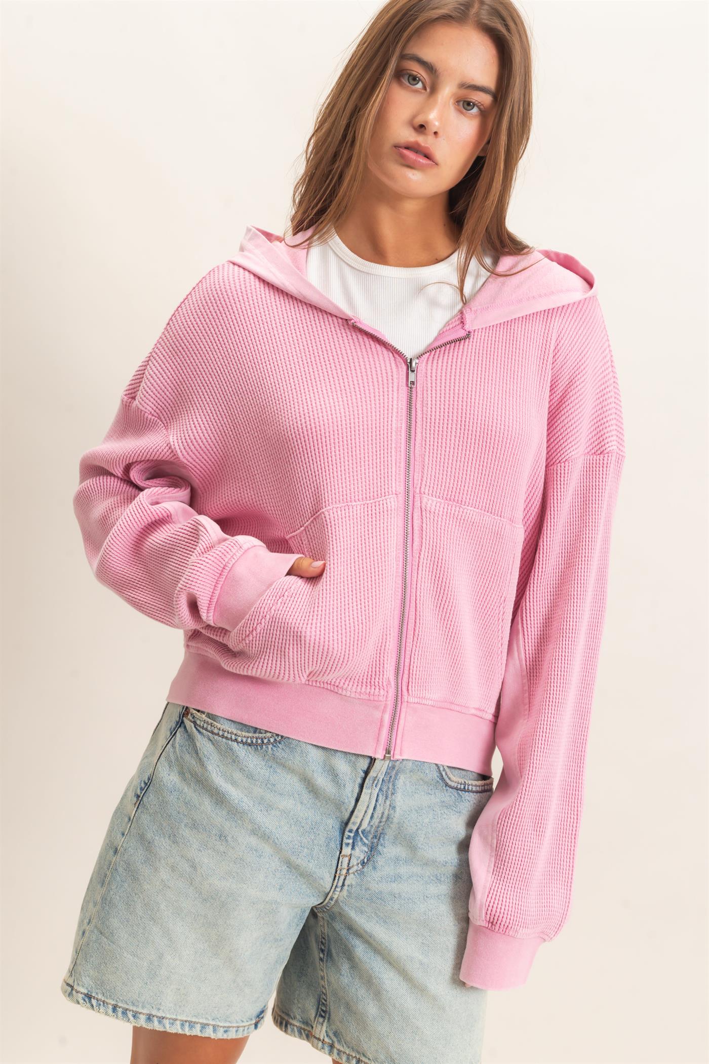 Wholesale Acid Wash Waffle Knit Zip-Up Hoodie Hoodies DZ26E401 PINK DOUBLE ZERO