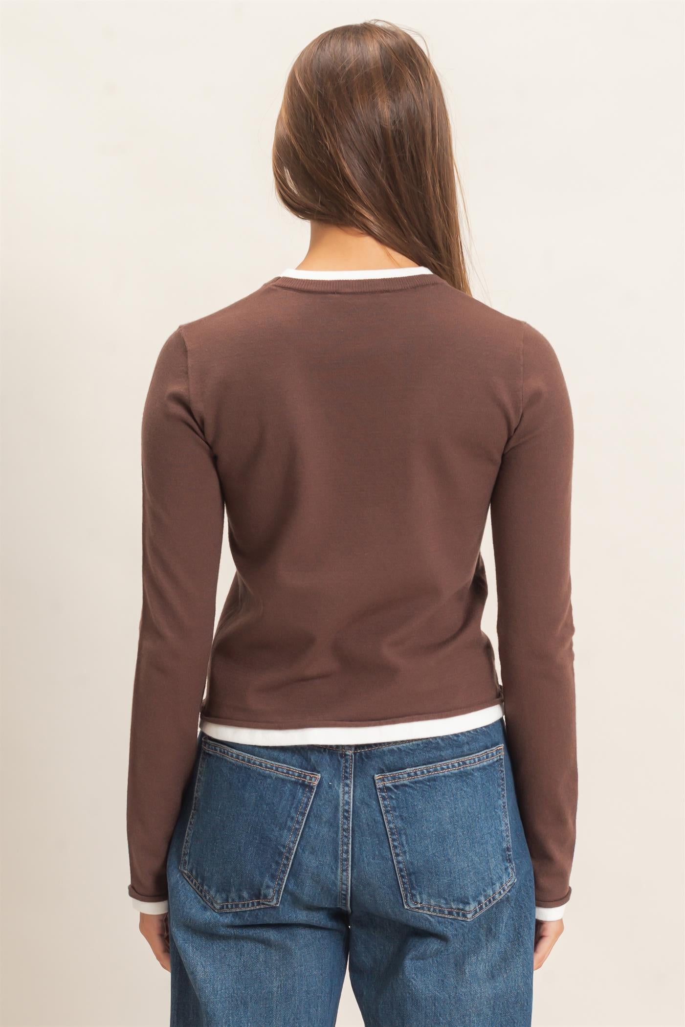 Wholesale Layer Effect Long Sleeve Knit Top Clothing Tops DZ26F394 DARK BROWN DOUBLE ZERO
