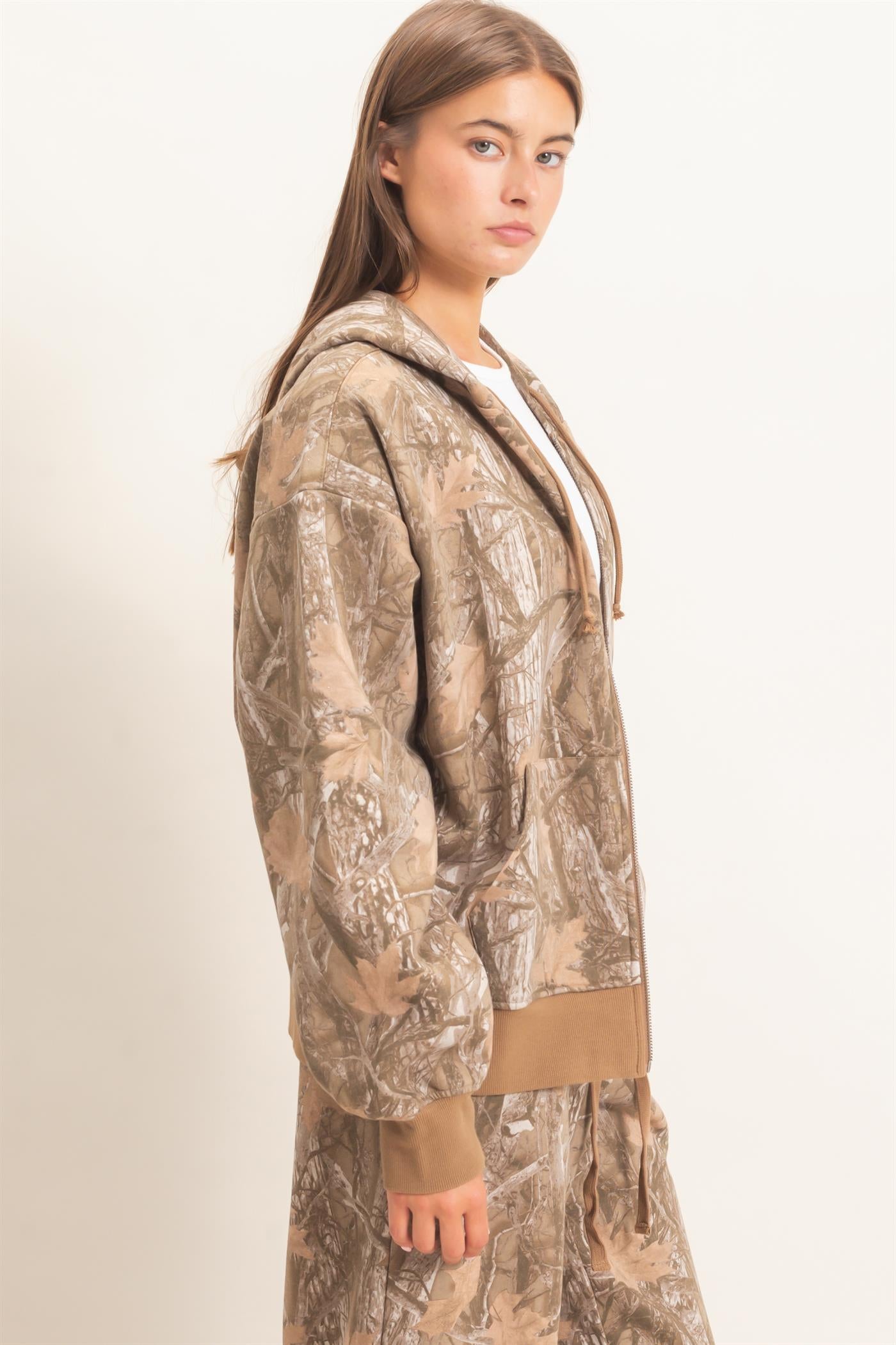 Wholesale Tree Camouflage Zip-Up Hoodie Outerwear DZ26E291 BROWN DOUBLE ZERO