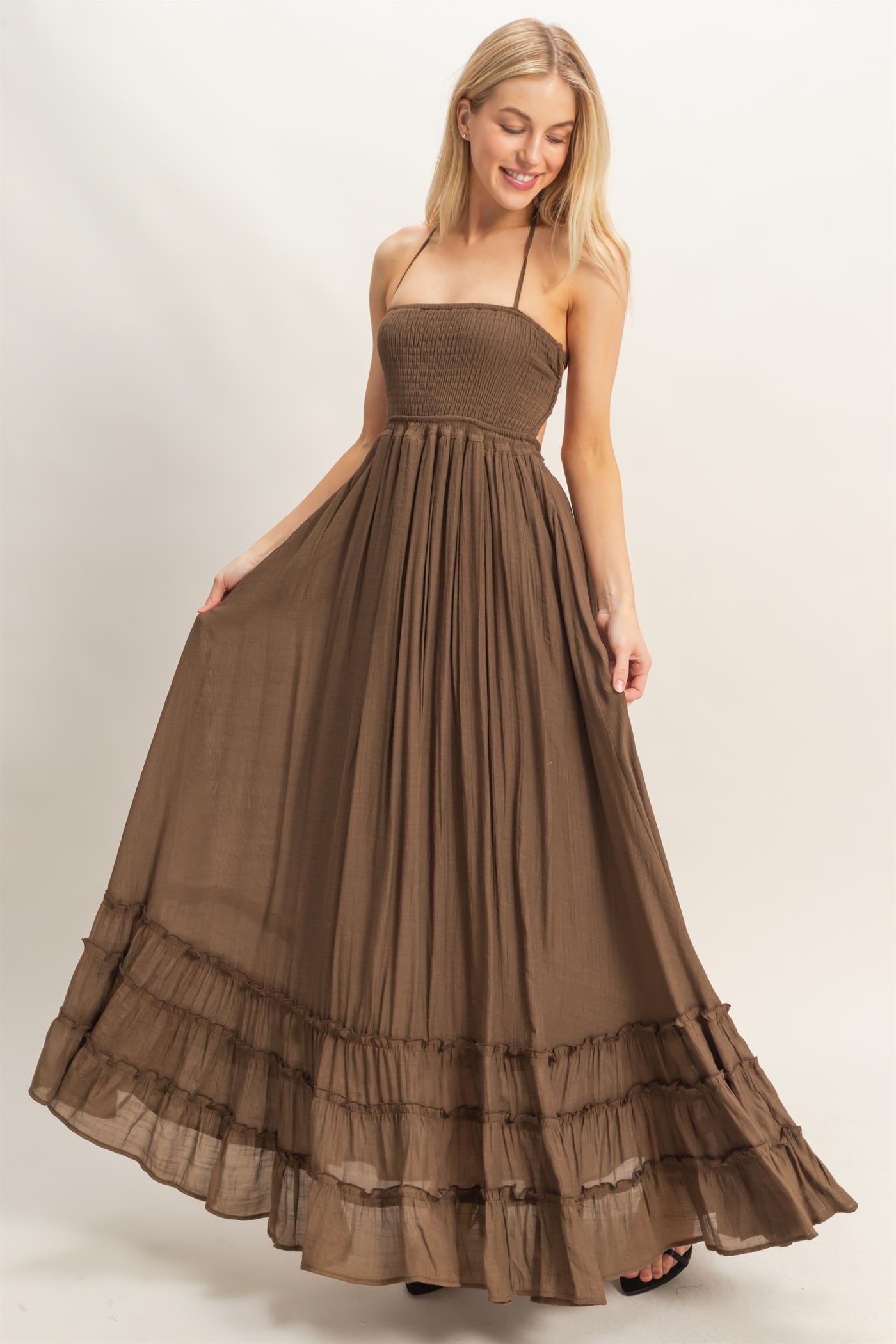 Wholesale Smocked Halter Maxi Dress Dresses HF26C290-D CHOCOLATE HYFVE