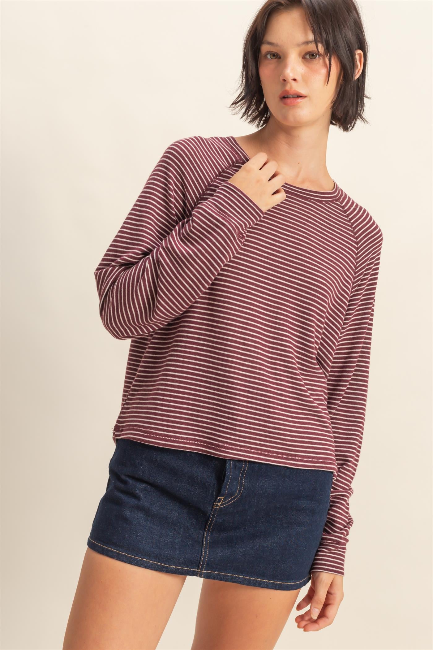 Wholesale Striped Raglan Long Sleeve Top Clothing Tops DZ25E600 DARK CHERRY/CREAM DOUBLE ZERO