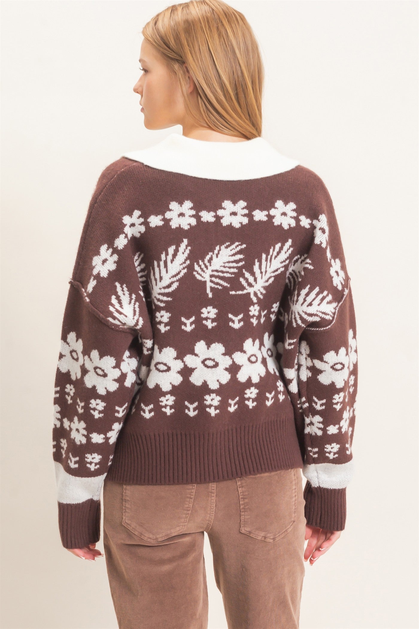 Wholesale Floral Jacquard Collared Cardigan Cardigans HF26E885 BROWN HYFVE