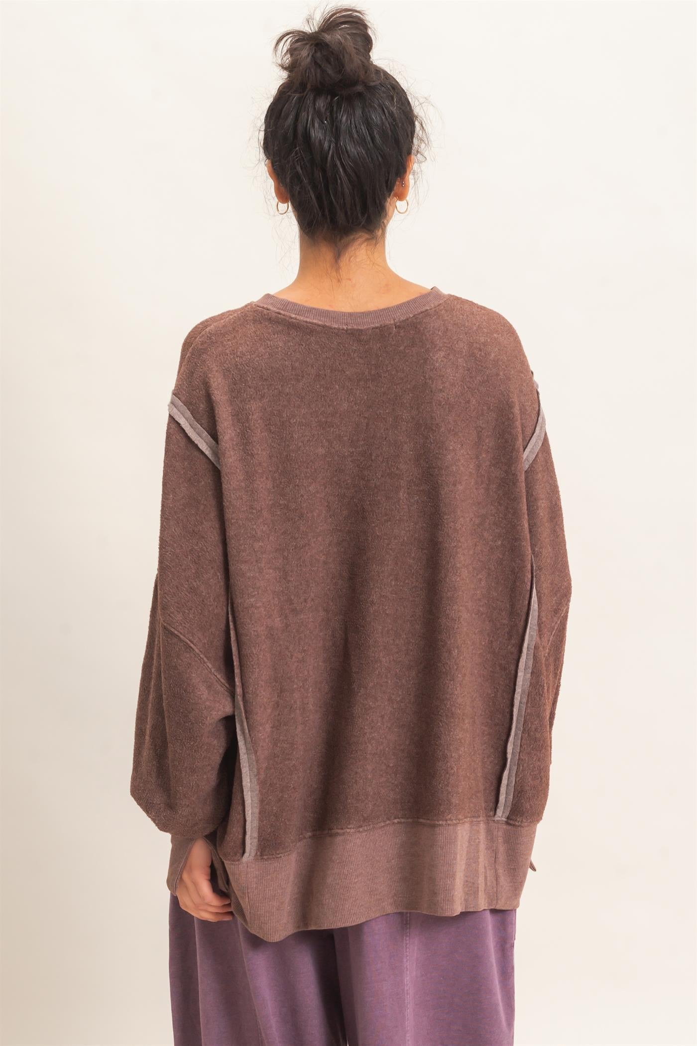 Wholesale Oversized Raw Edge Crew Neck Sweatshirt Sweatshirts DZ26E273 DARK BROWN DOUBLE ZERO