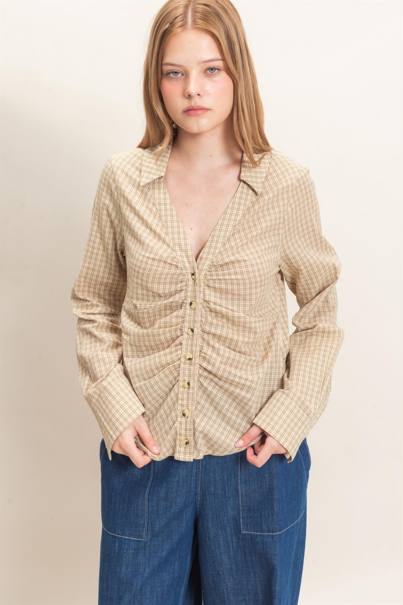 Wholesale Ruched Button-Down Shirt Blouses HF26E348 CREAM HYFVE