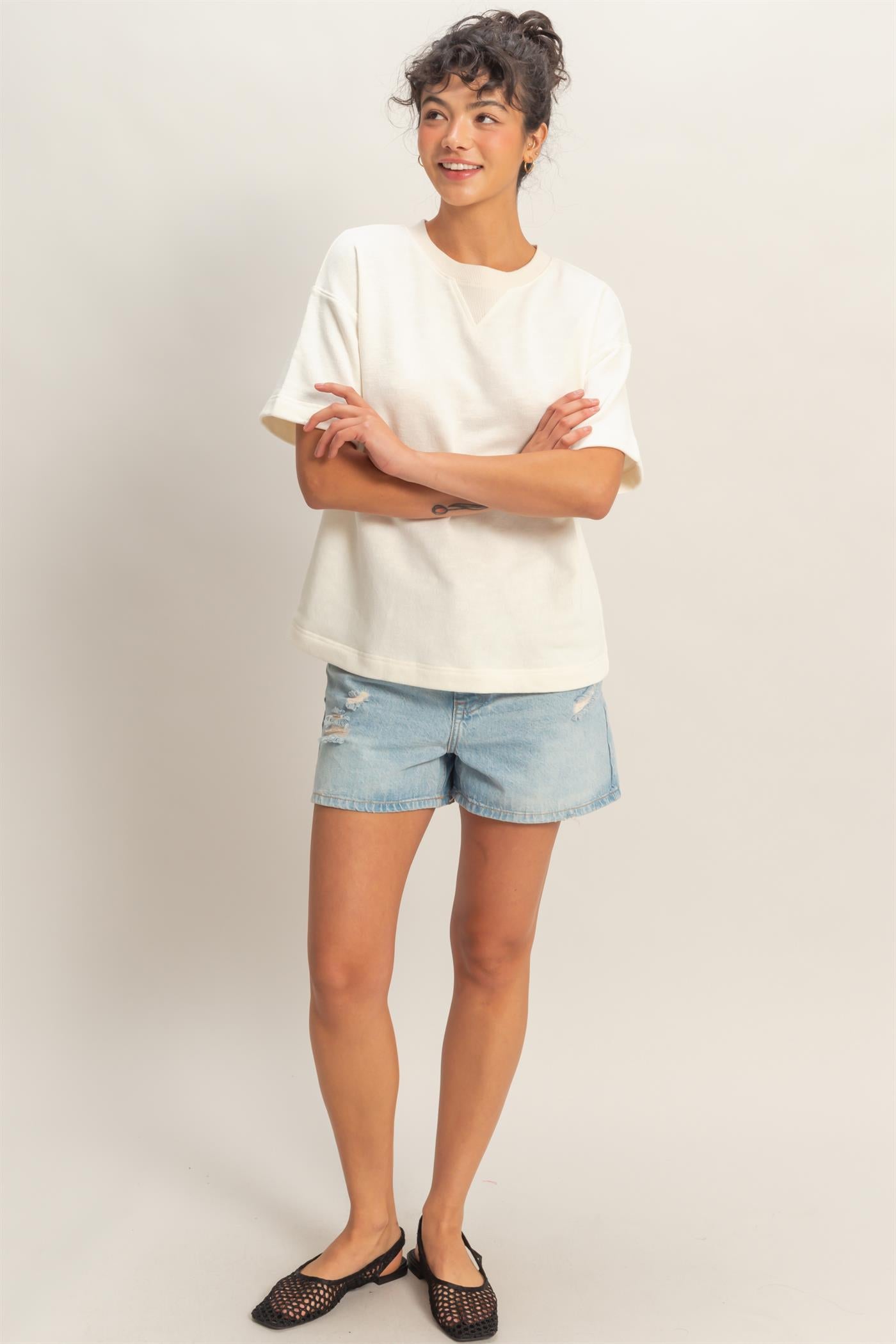 Wholesale Crew Neck Short Sleeve Top Clothing Tops DZ26A891 WHIP CREAM DOUBLE ZERO