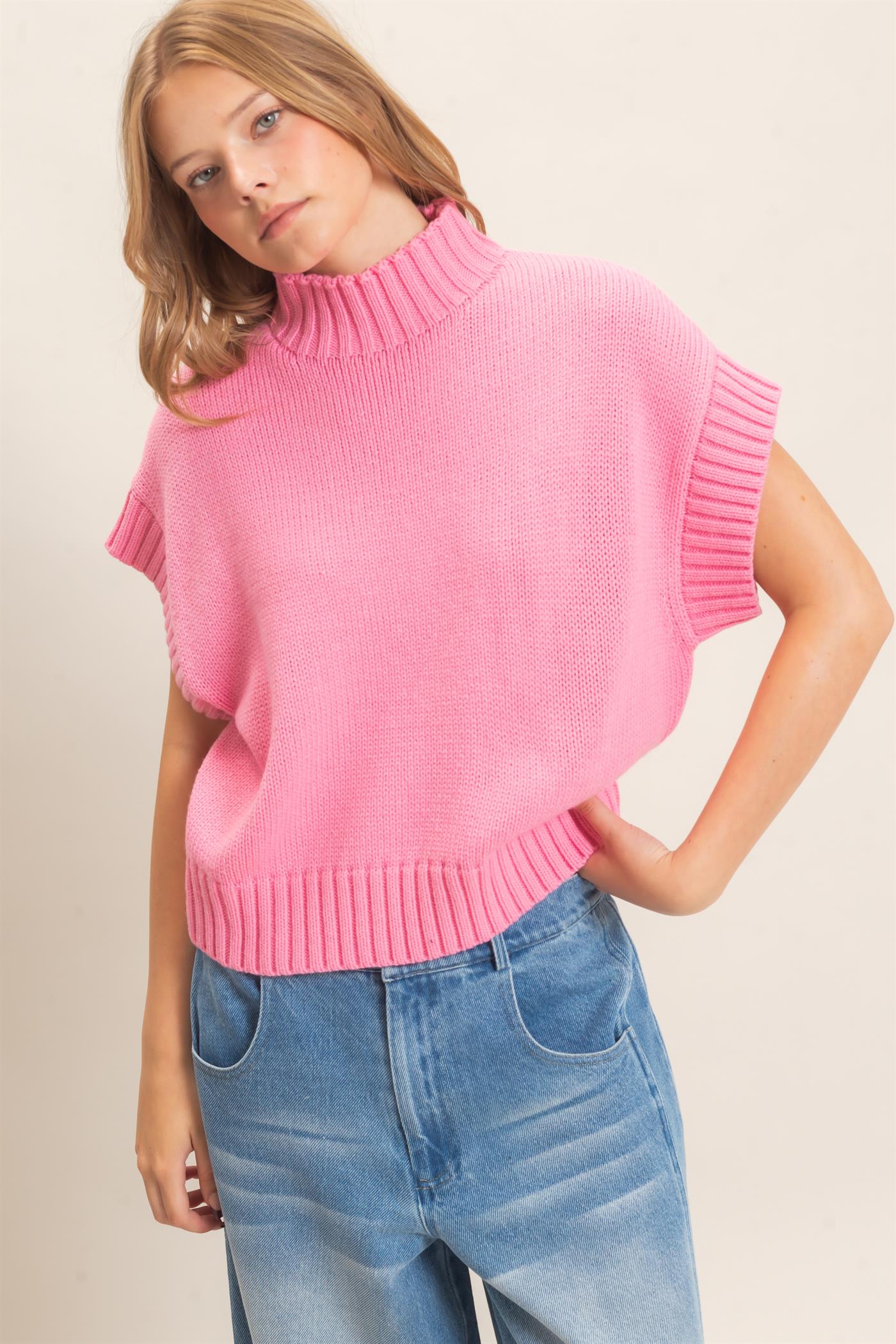 Wholesale Ribbed Mock Neck Sweater Vest Sweaters HF26F186-D PINK HYFVE