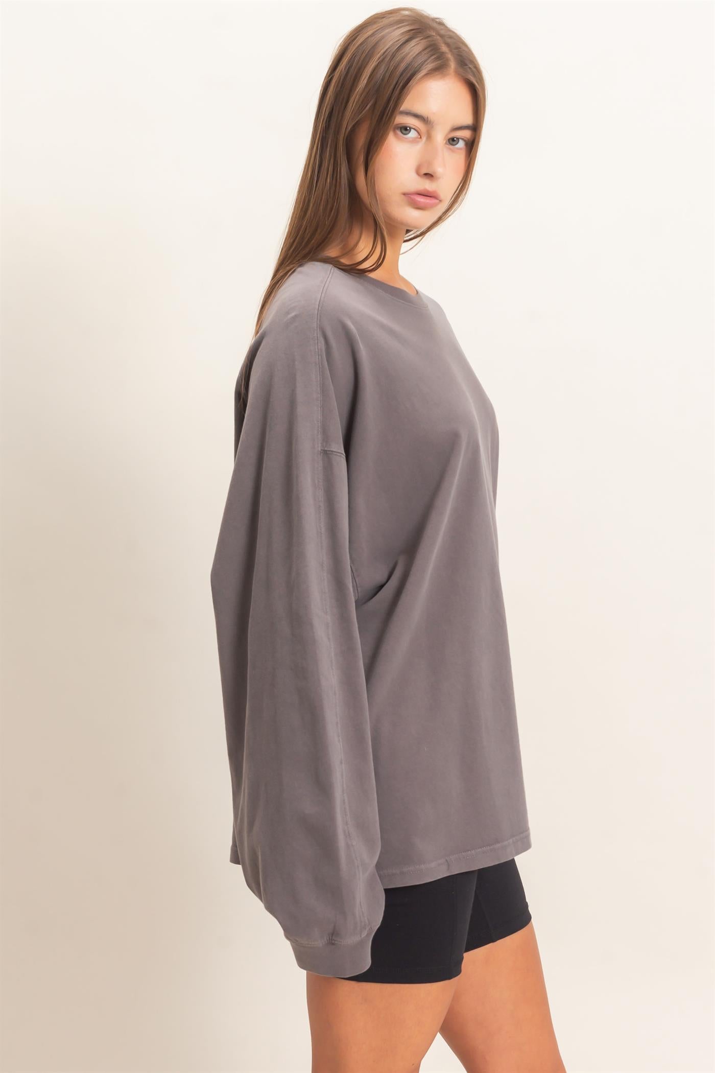 Wholesale Pigment Dye Oversized Long Sleeve Top Clothing Tops DZ26A825 CHARCOAL DOUBLE ZERO