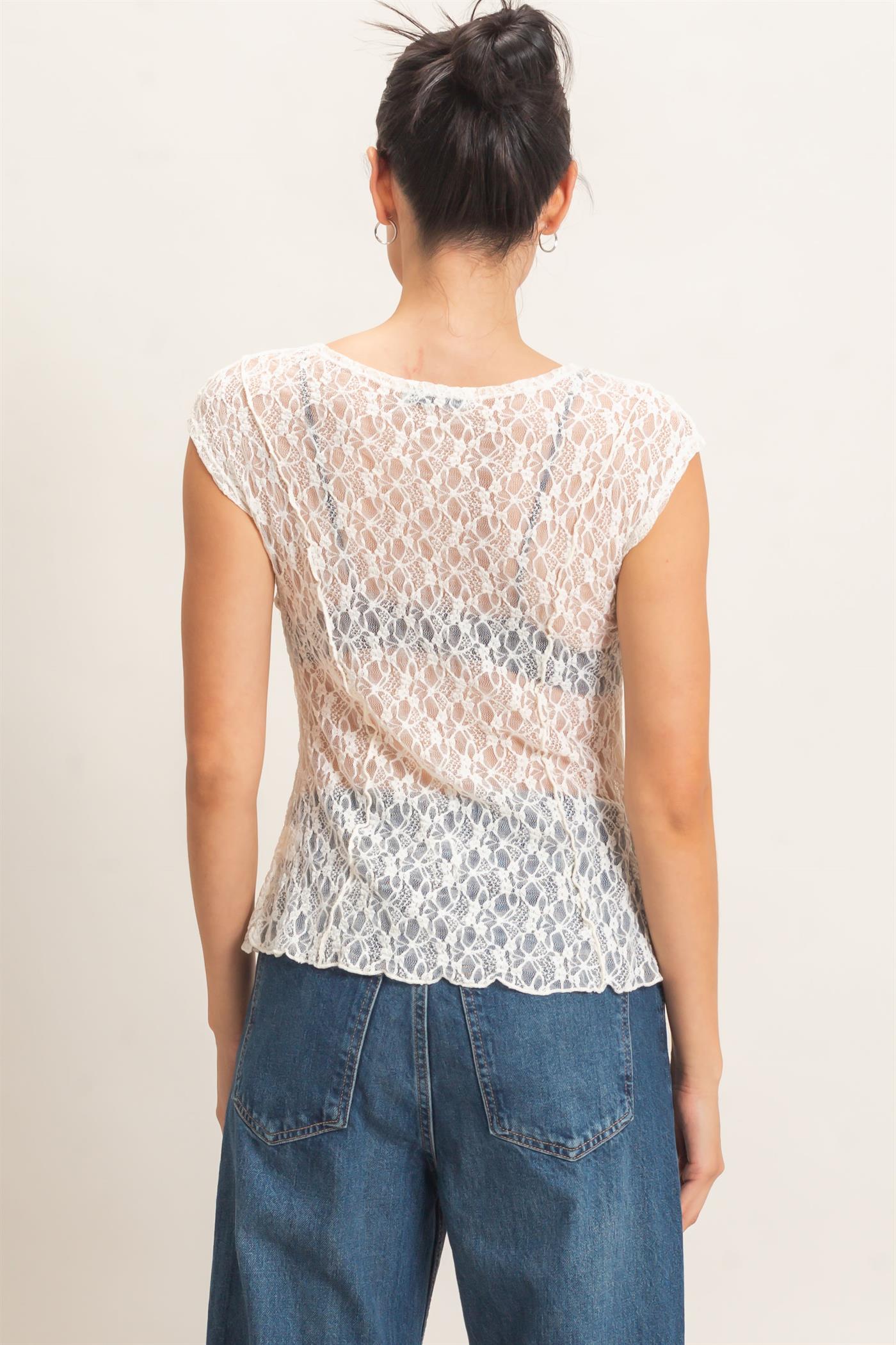 Wholesale Lace Cap Sleeve Top Clothing Tops HF26E672 CREAM HYFVE
