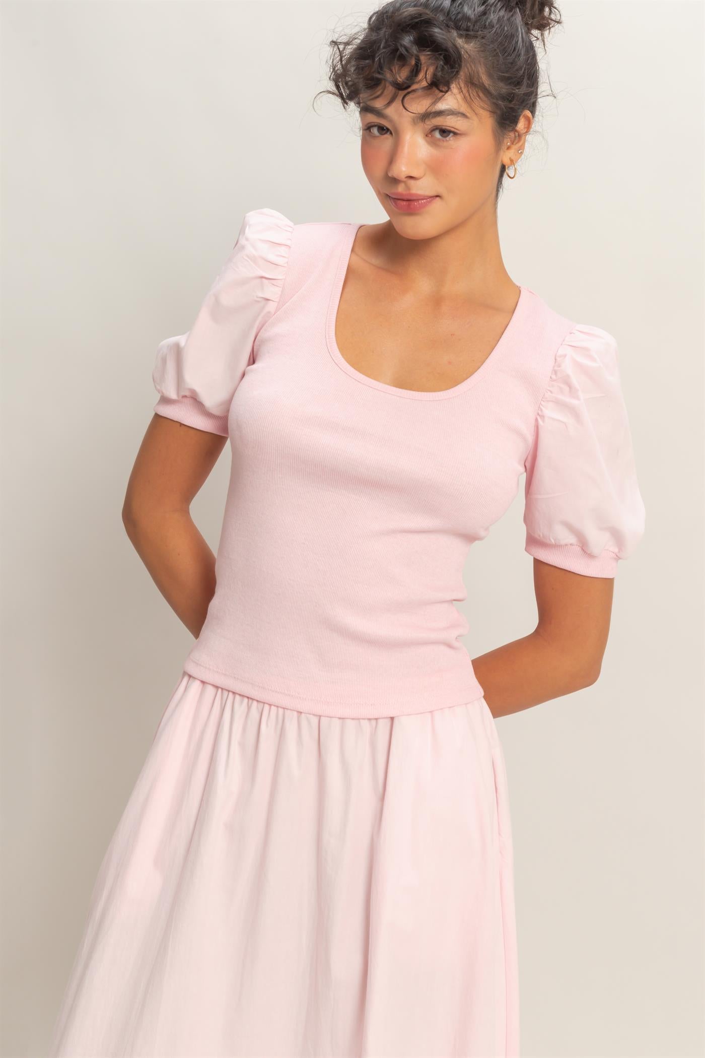 Wholesale Ribbed Puff Sleeve Scoop Neck Top Clothing Tops DZ26C071 SOFT PINK DOUBLE ZERO