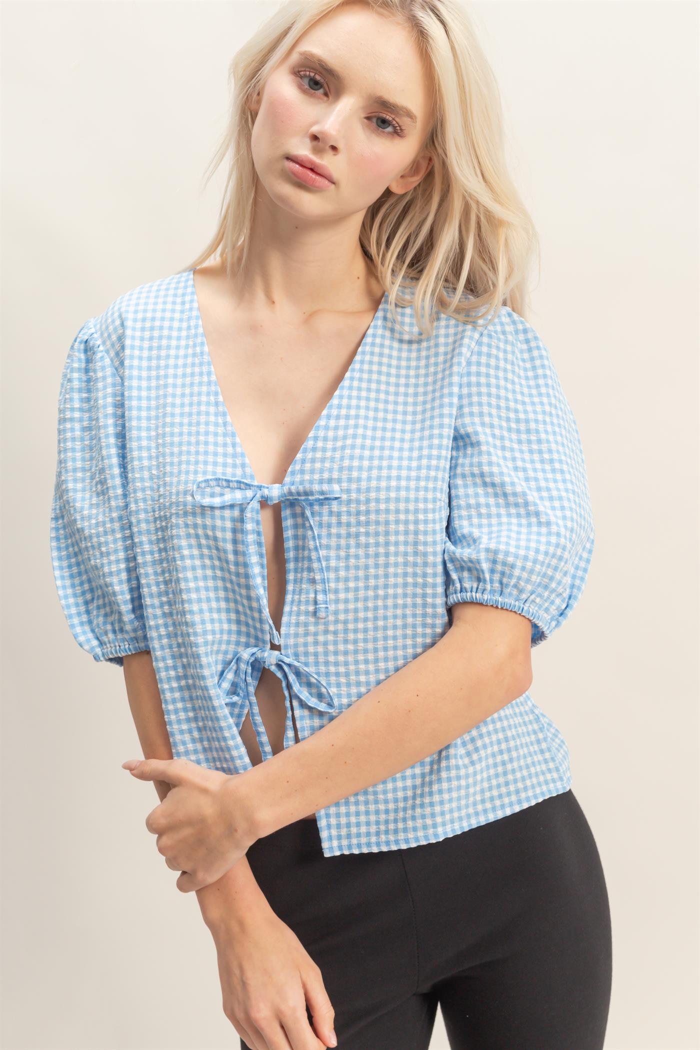 Wholesale Gingham Bow Tie Puff Sleeve Blouse Blouses DZ26C229 BLUE DOUBLE ZERO