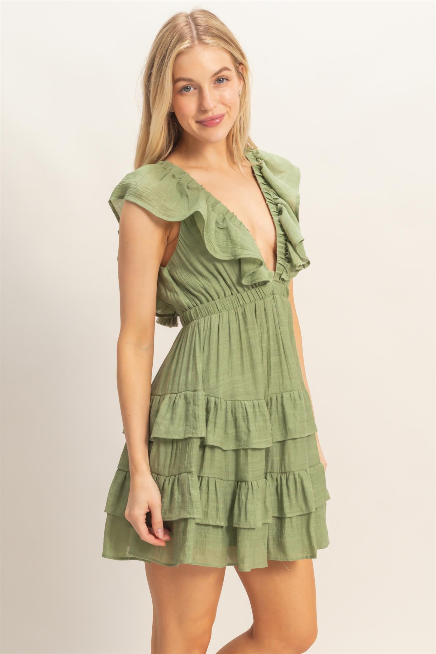 Wholesale Ruffle V-Neck Tiered Mini Dress Dresses HF26C283-D LIGHT OLIVE DOUBLE ZERO