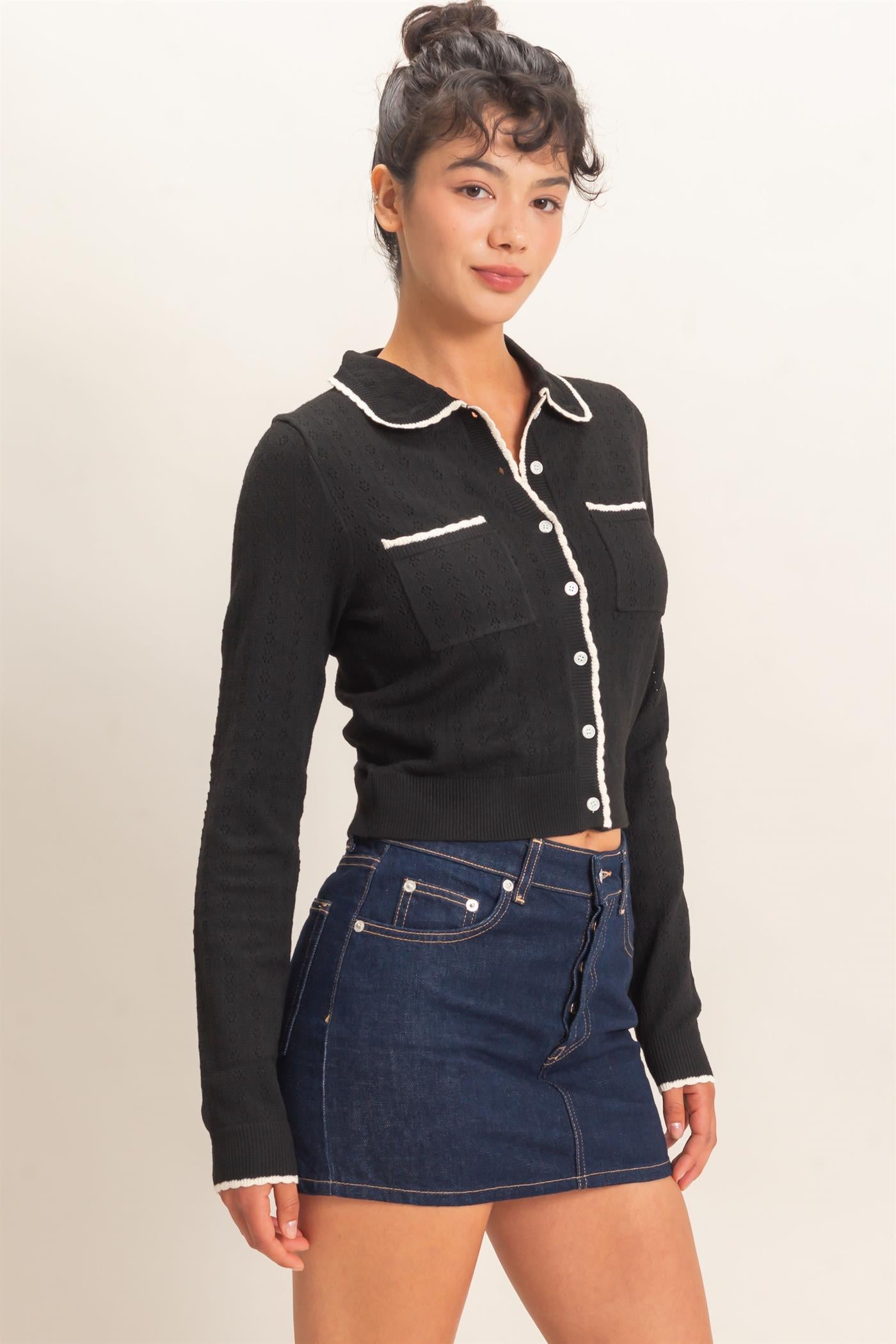 Wholesale Collared Pointelle Knit Cardigan Sweaters DZ26E101 BLACK DOUBLE ZERO