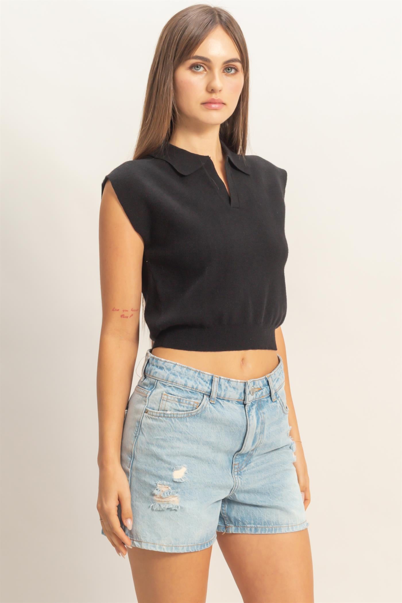 Wholesale Sleeveless Collared Knit Top Clothing Tops HF26A631 BLACK HYFVE