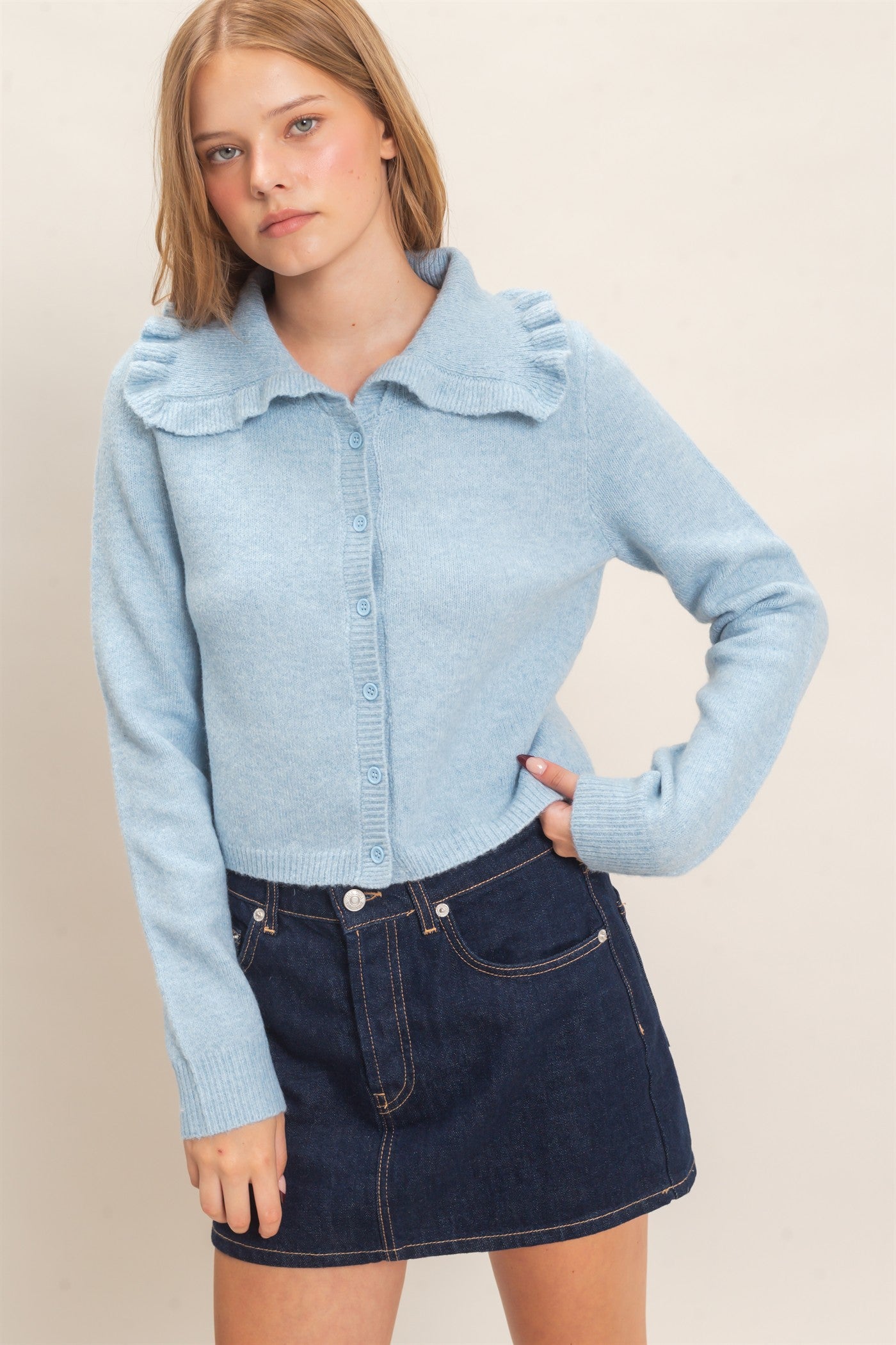 Wholesale Ruffled Collar Knit Cardigan Cardigans HF26E162-D BABY BLUE HYFVE