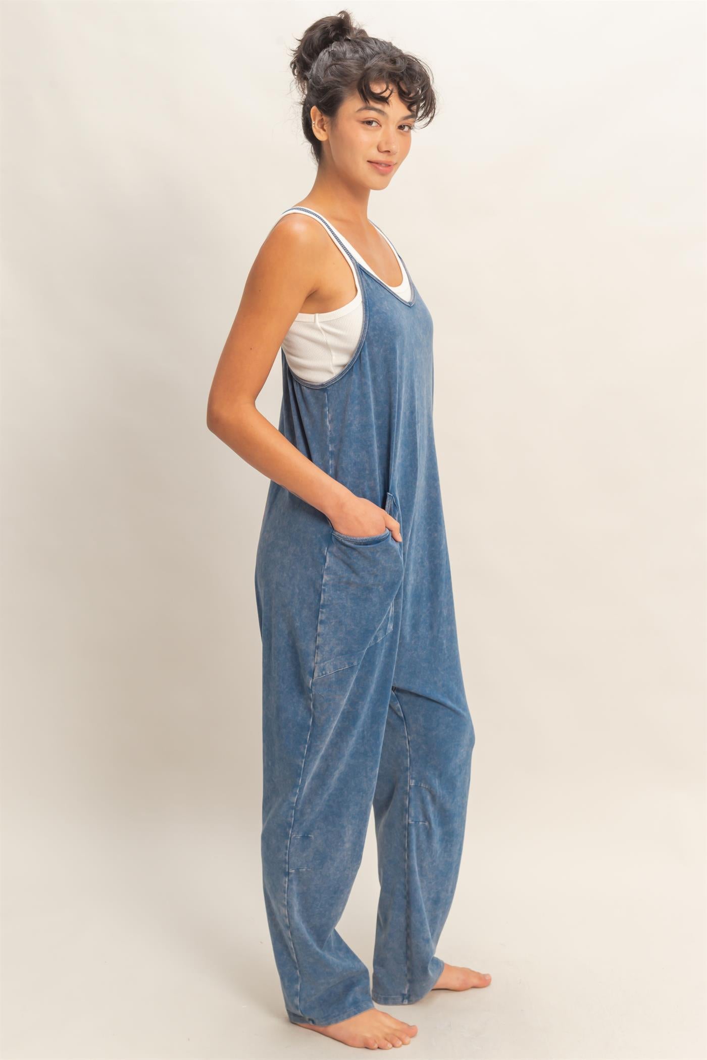 Wholesale Mineral Wash Spaghetti Strap Jumpsuit Clothing DZ26C375 NAVY DOUBLE ZERO