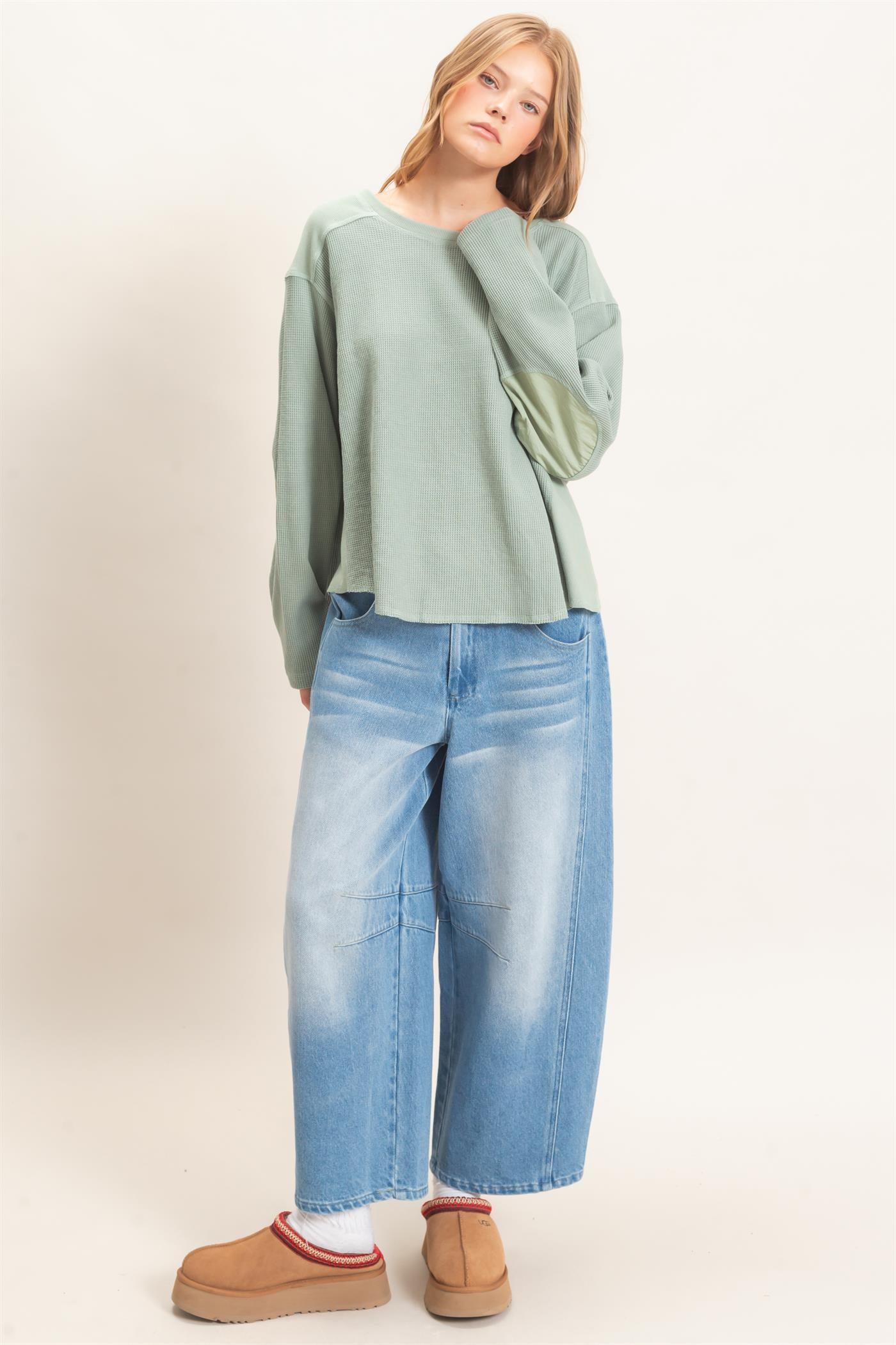 Wholesale Waffle Knit Crew Neck Top Clothing Tops HF26E078 SAGE HYFVE