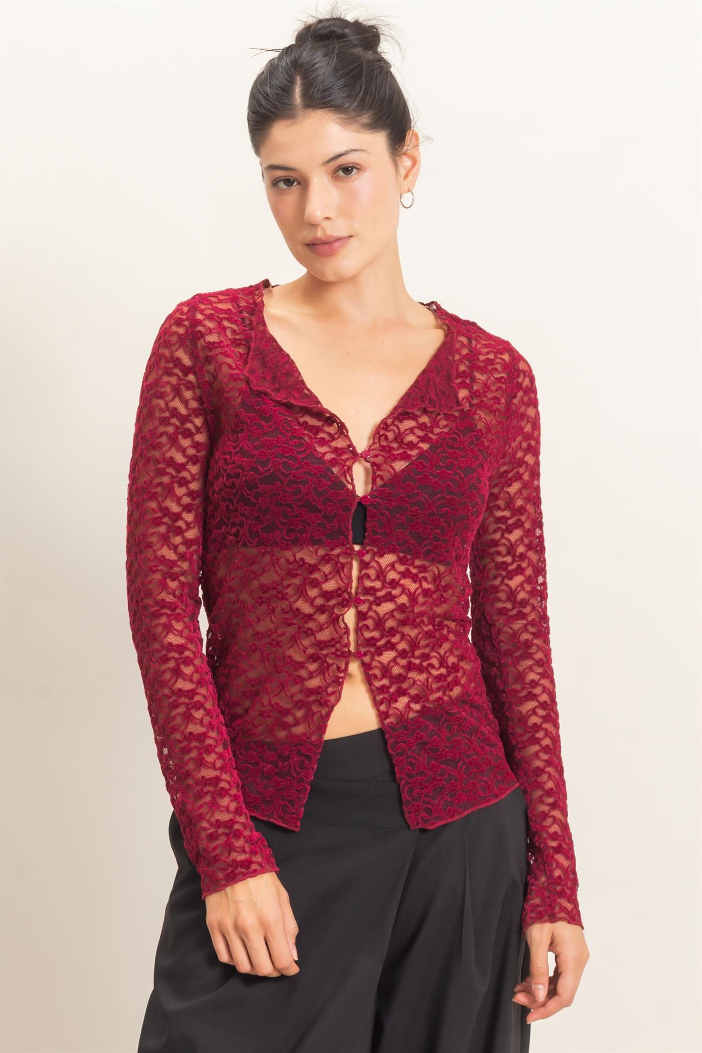 Wholesale Flocked Lace Long Sleeve Cardigan Clothing Tops HF26E415 BURGUNDY HYFVE