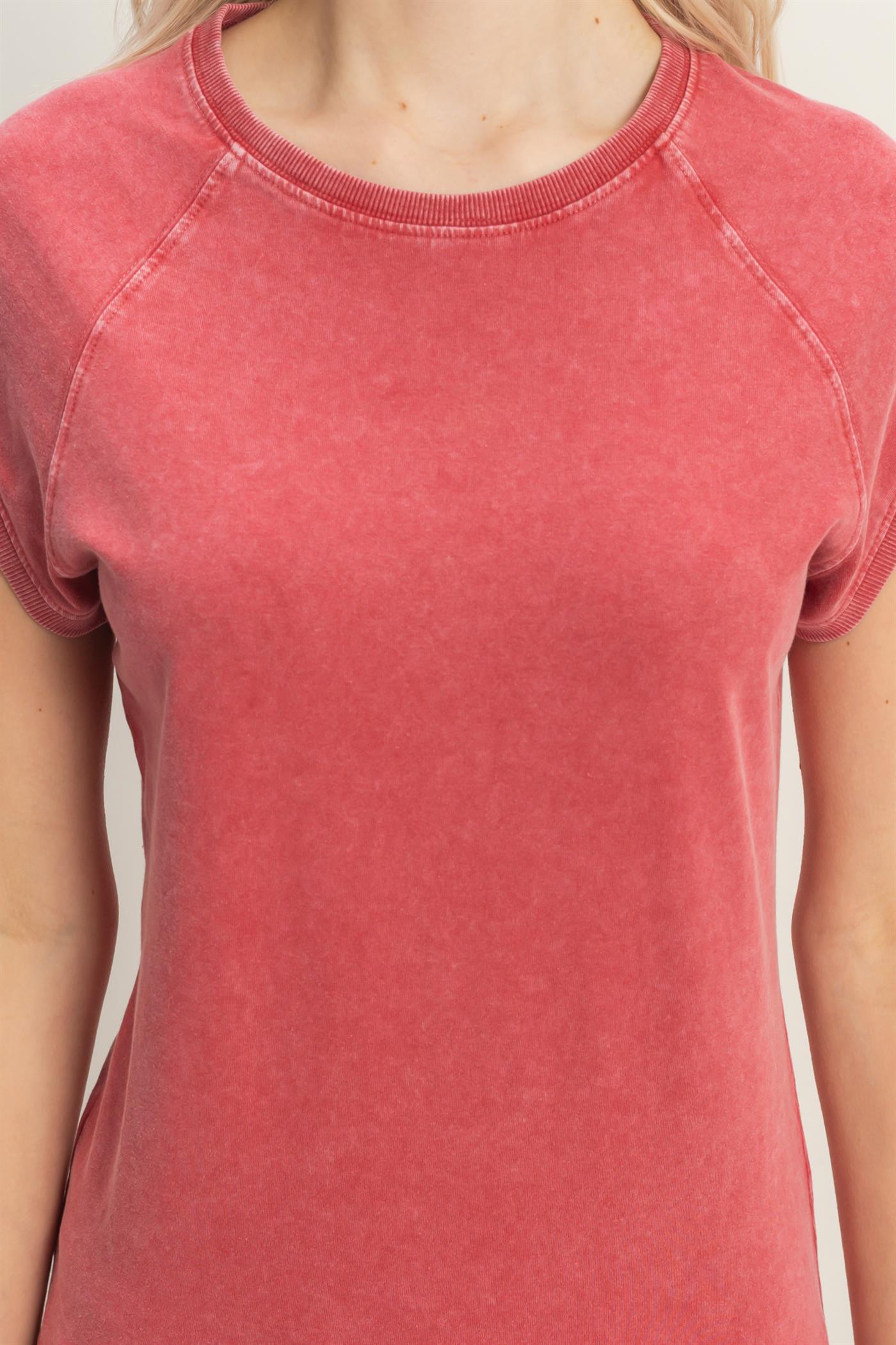 Wholesale Mineral Wash Raglan Short Sleeve Top T-Shirts DZ26A741 DARK RED DOUBLE ZERO