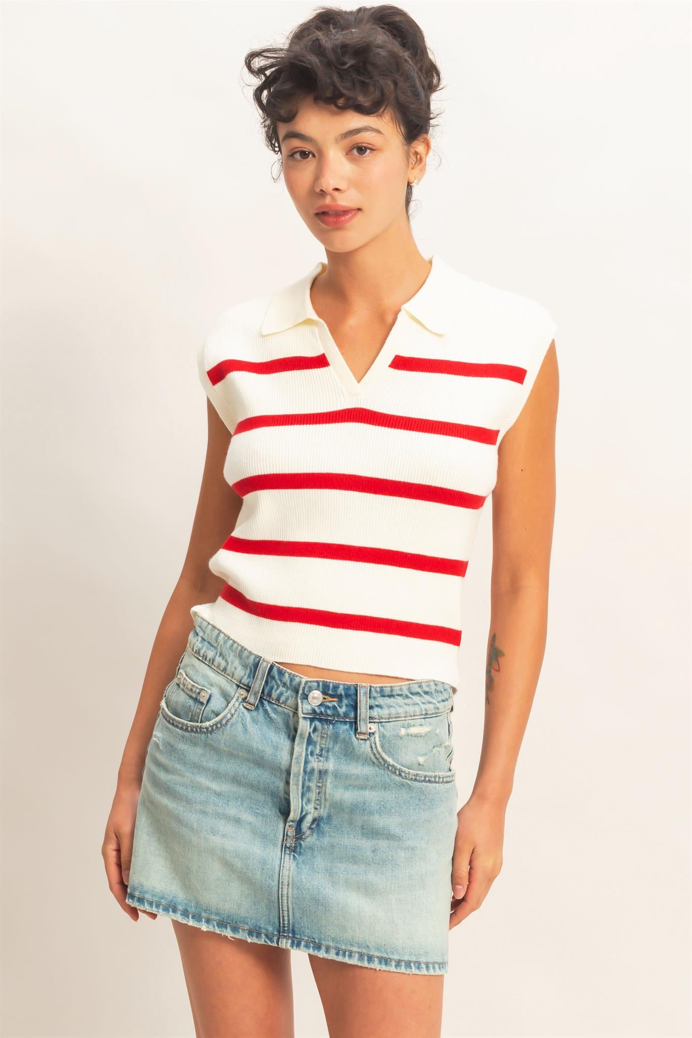 Wholesale Collared Striped Polo Vest Clothing Tops DZ26A337 RED DOUBLE ZERO