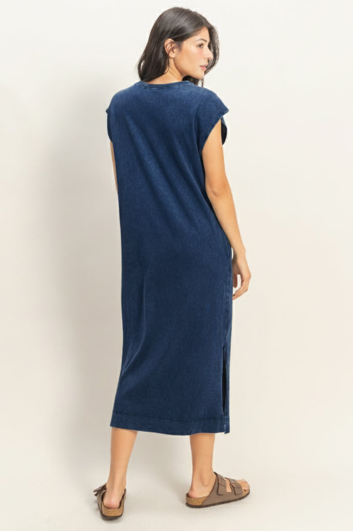 Wholesale Mineral Wash Cap Sleeve Midi Dress Dresses DZ26A049 NAVY DOUBLE ZERO