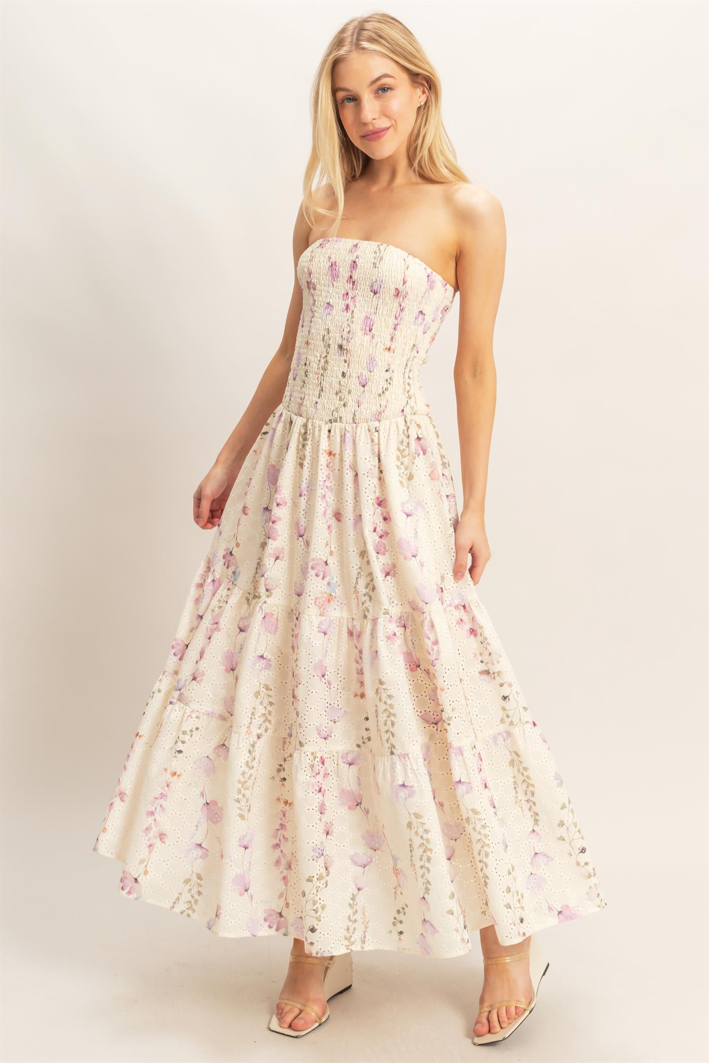 Wholesale Strapless Smocked Floral Dress Dresses HF25E642-D YELLOW HYFVE