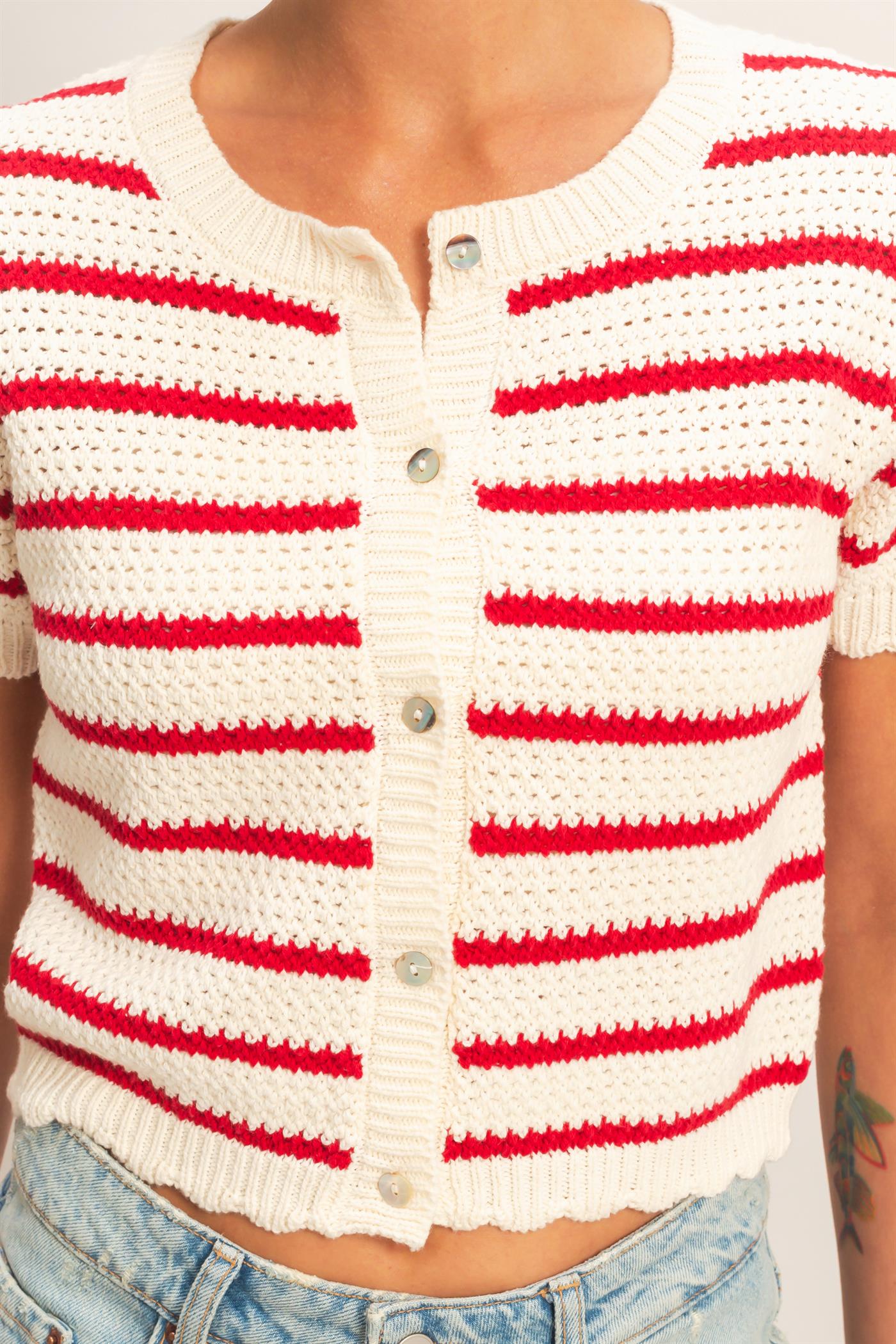 Wholesale Striped Short Sleeve Cardigan With Scallop Edge Cardigans DZ26A605 RED DOUBLE ZERO