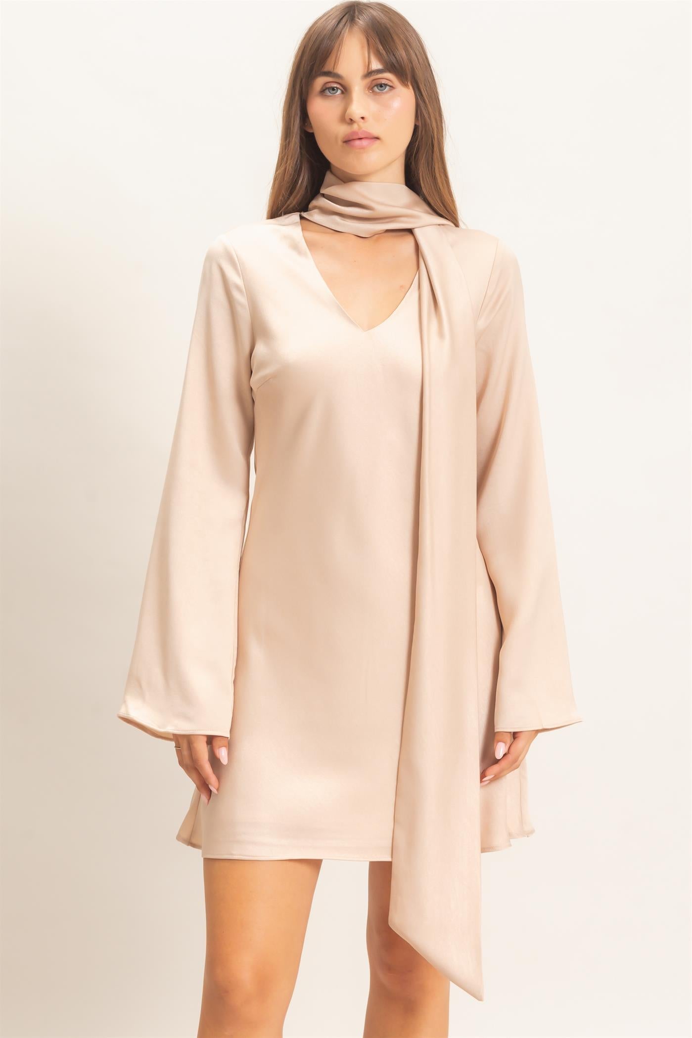 Wholesale Bias Satin Dress With Scarf Dresses HF26E928 CHAMPAGNE HYFVE