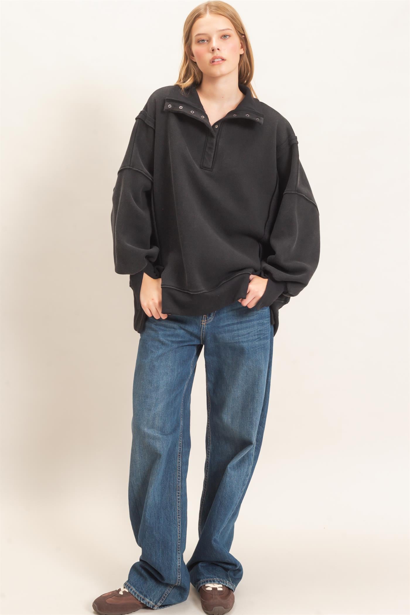 Wholesale Mineral Wash Snap Collar Pullover Clothing Tops HF26F086-D BLACK HYFVE