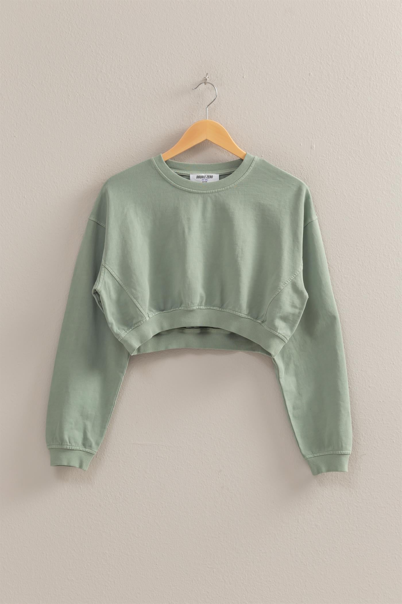 Wholesale Crew Neck Long Sleeve Crop Sweatshirt Sweatshirts DZ25A923 SAGE GREEN DOUBLE ZERO
