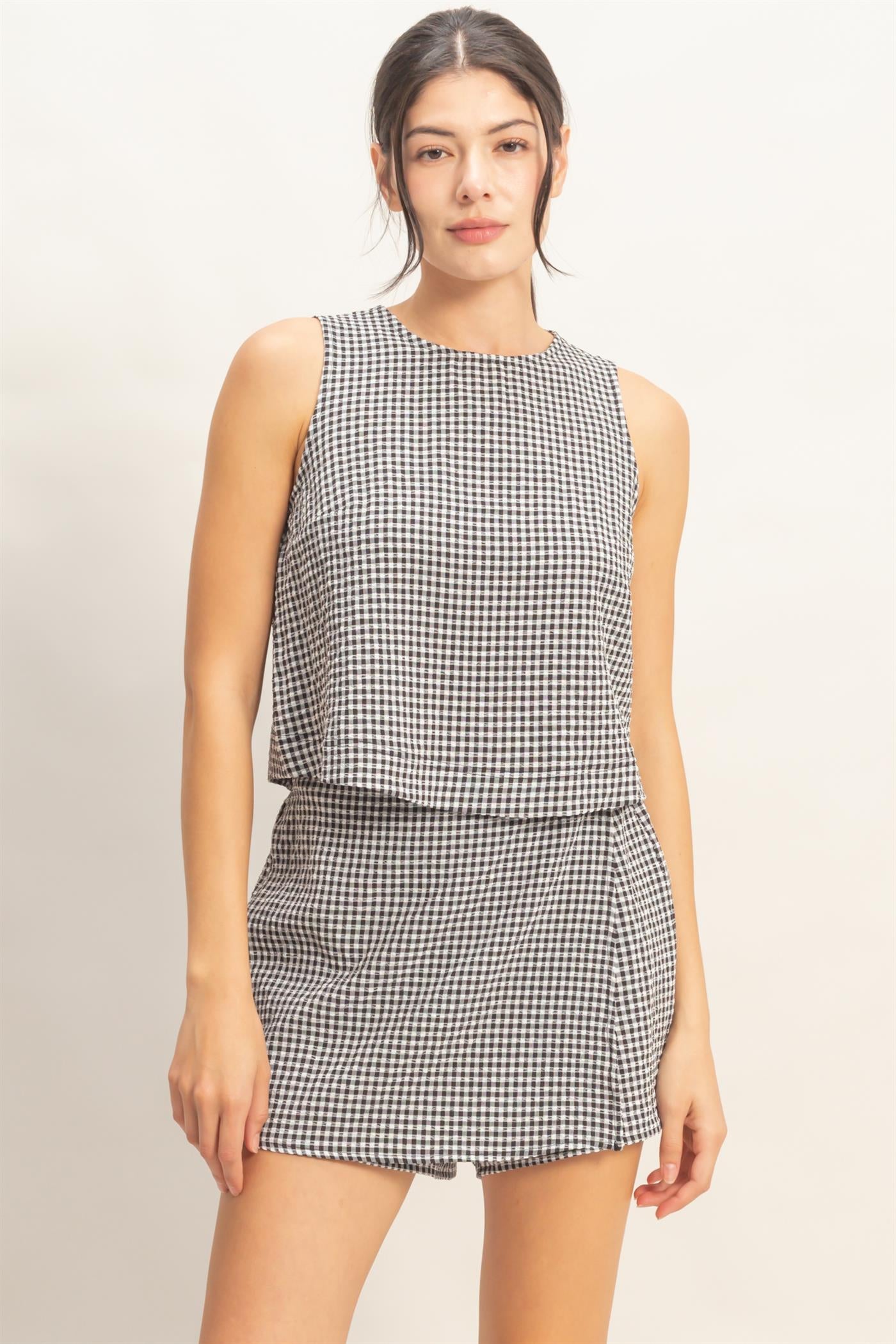 Wholesale Gingham Checkered Sleeveless Top And Skort Set Clothing DZ26C688-SET BLACK DOUBLE ZERO