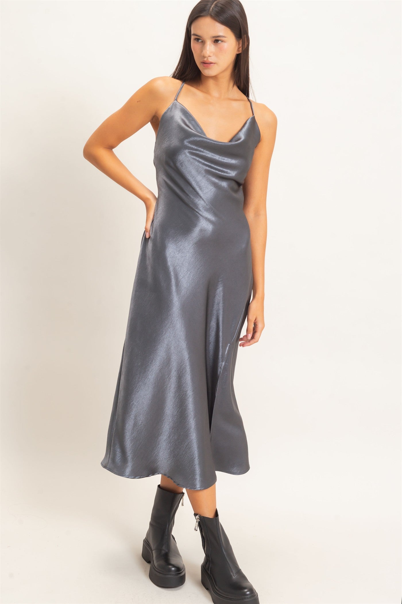 Wholesale Cowl Neck Satin Slip Dress Dresses DZ26E251 DARK GRAY DOUBLE ZERO