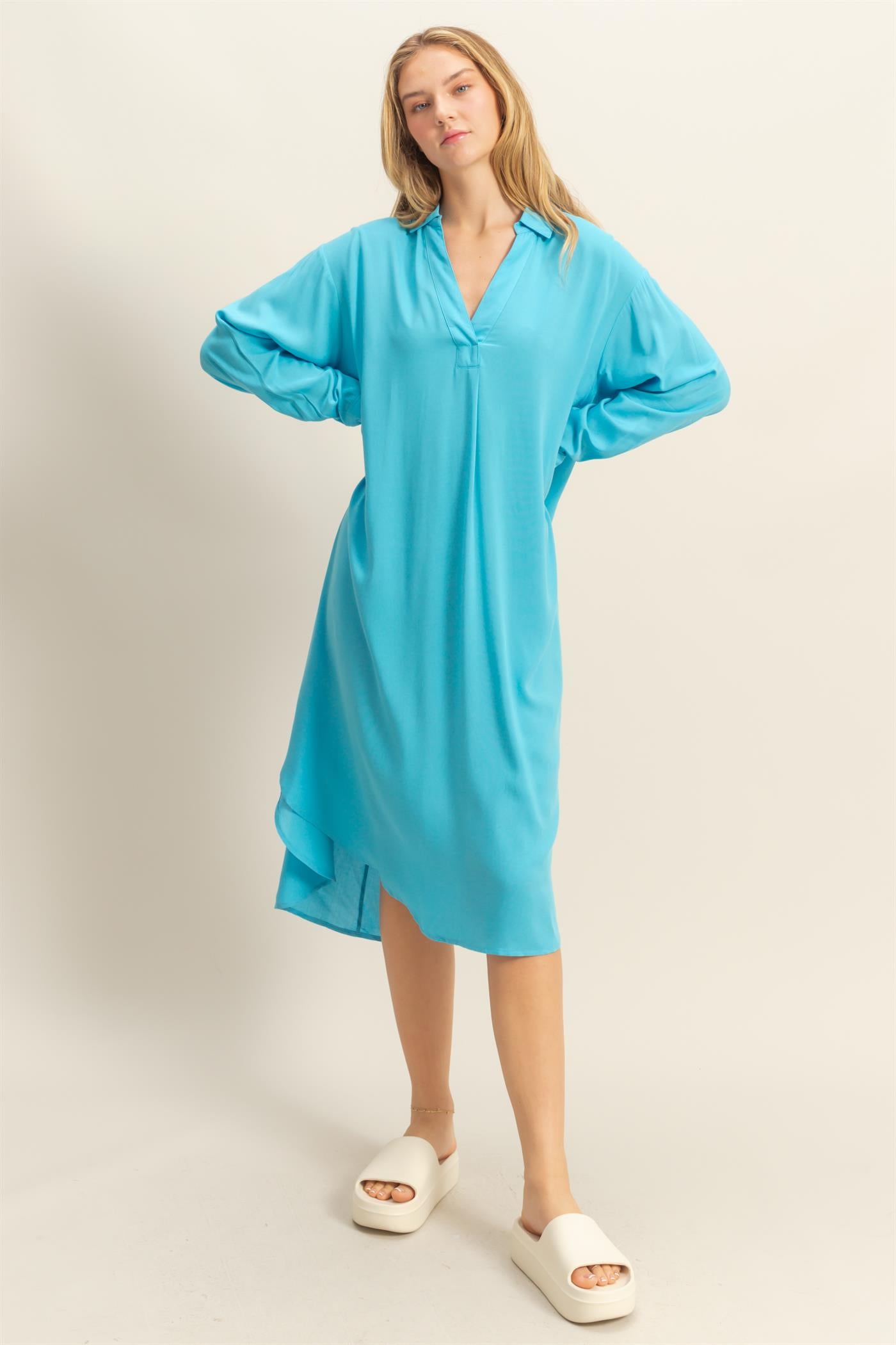 Wholesale V-Neck Long Sleeved Midi Shirts Dress Dresses DZ24E706 AQUA BLUE DOUBLE ZERO